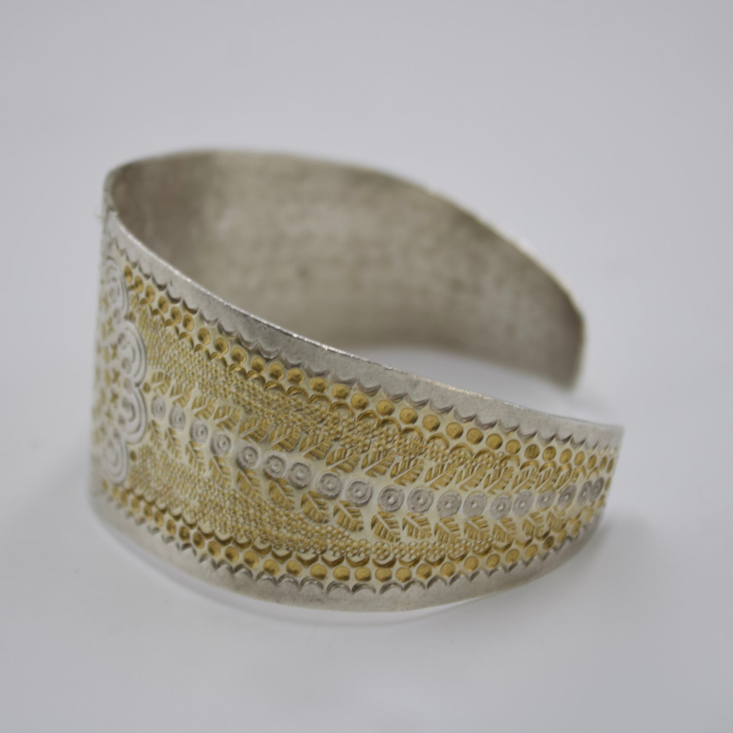 Handmade Dual Tone Gold and Silver Etched Statement Cuff Bracelet in Sterling Silver
