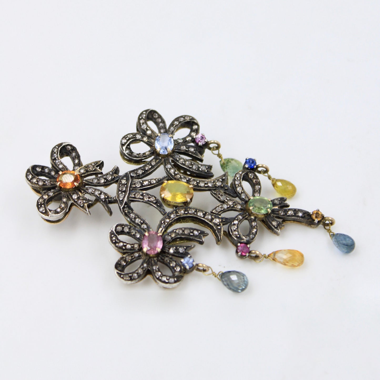 Victorian 6.45 TCW Untreated Multicolor Sapphires and Diamond Pendant in 14k Gold & Sterling Silver