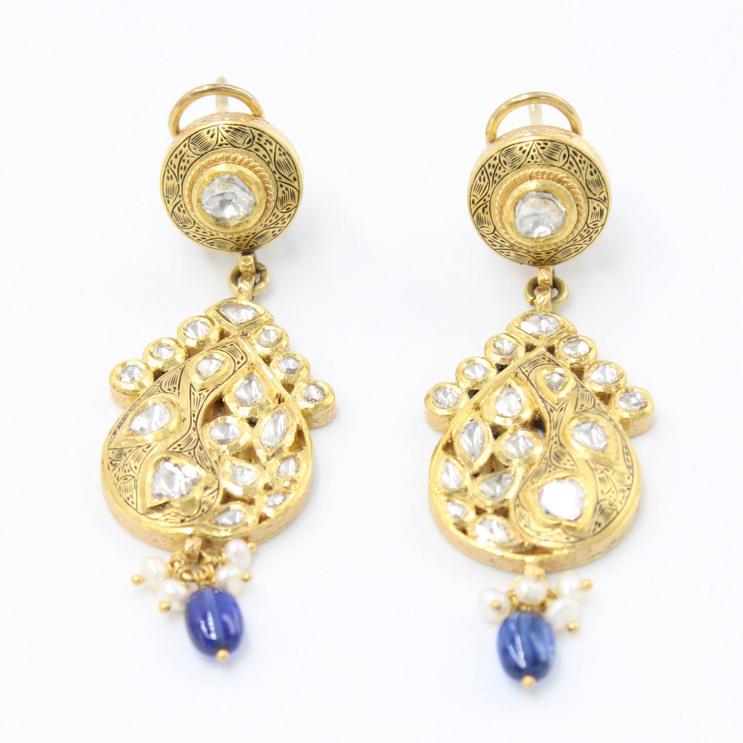 Vintage Natural Polki Diamond & Kyanite Kundan Necklace & Earrings in 22K Gold