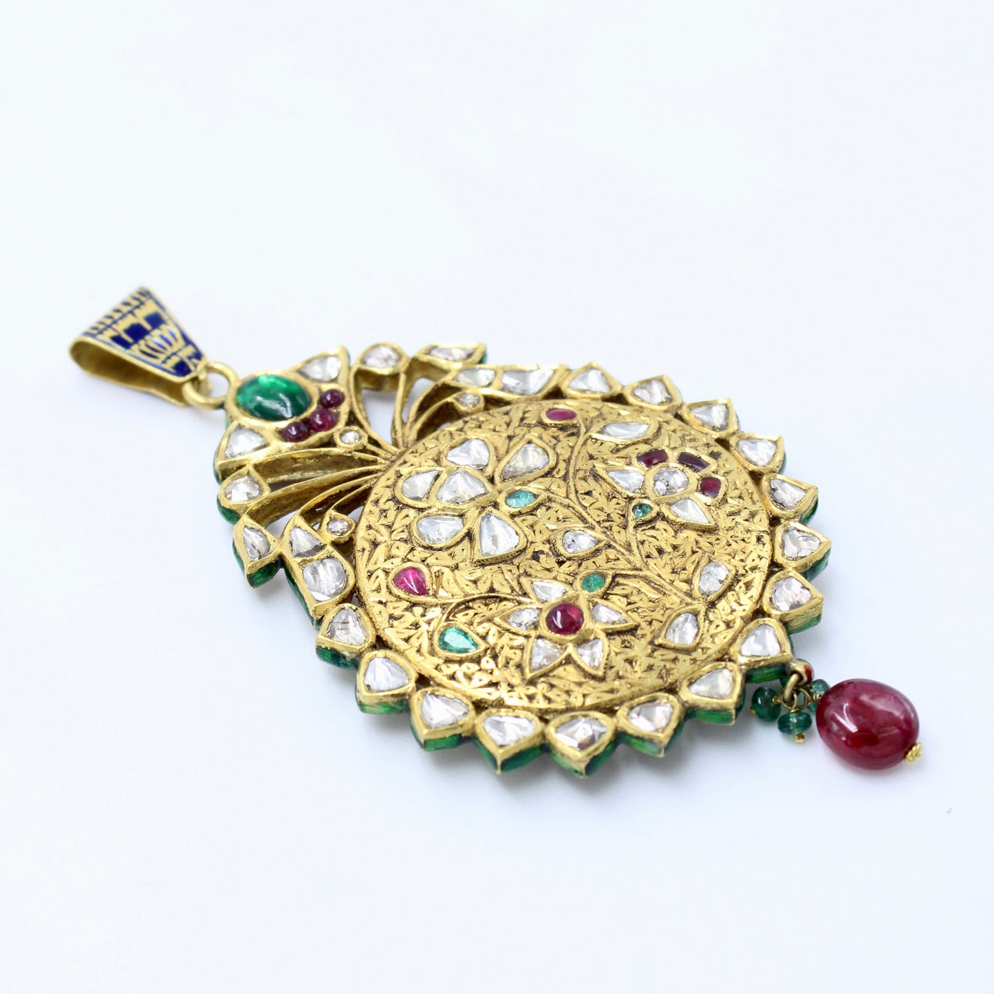 Vintage Indian Kundan Meenakari Work Vilandi Diamond Floral Pendant & Earrings in 22K Yellow Gold