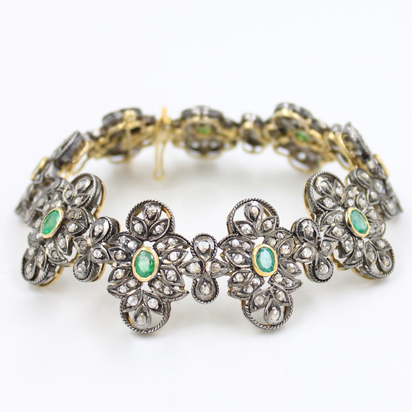Victorian 6.5 TCW Emerald & Diamond Bracelet in 14K Gold and Sterling Silver