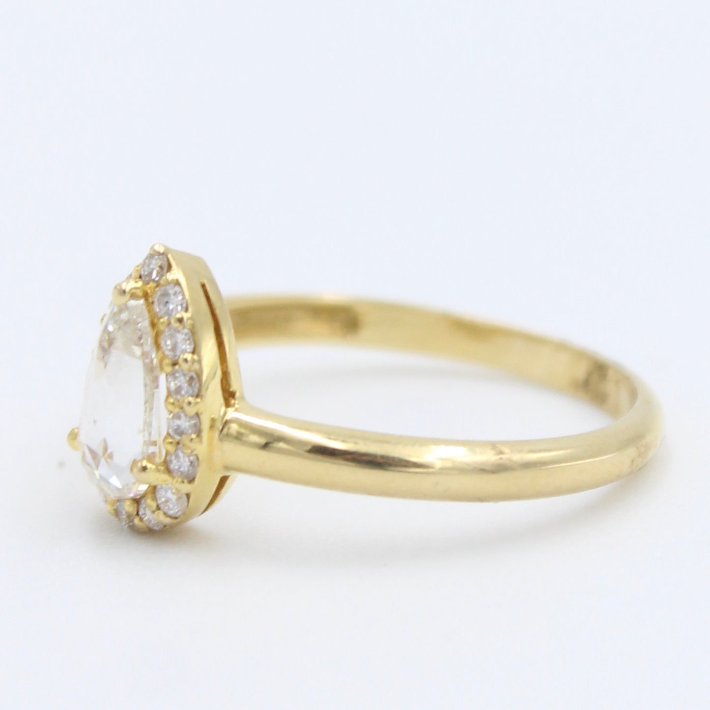 Natural 0.69 Ct Rose Cut Pear Diamond Halo Ring in 18K Gold