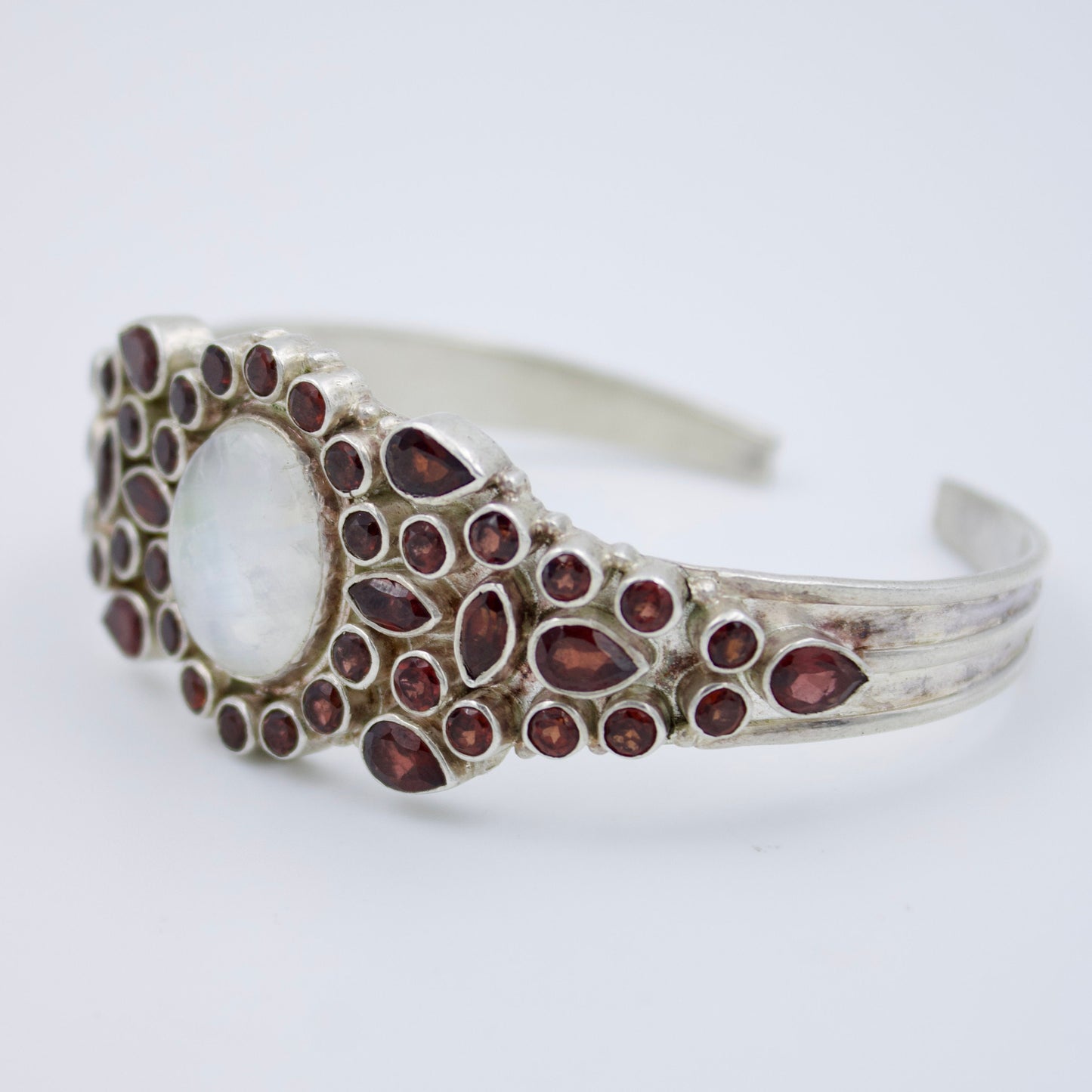 Vintage Moonstone and Garnet Statement Cuff Bracelet in Sterling Silver