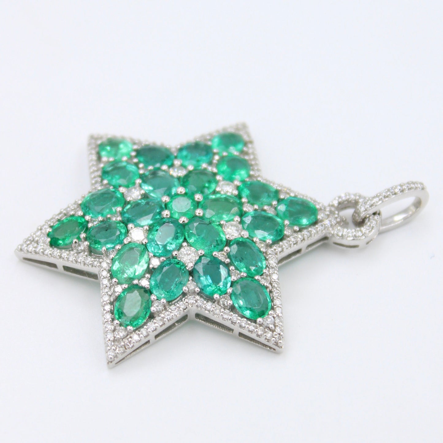 Statement 13.93 TCW Natural Emerald & Diamond Star Pendant in 18K White Gold