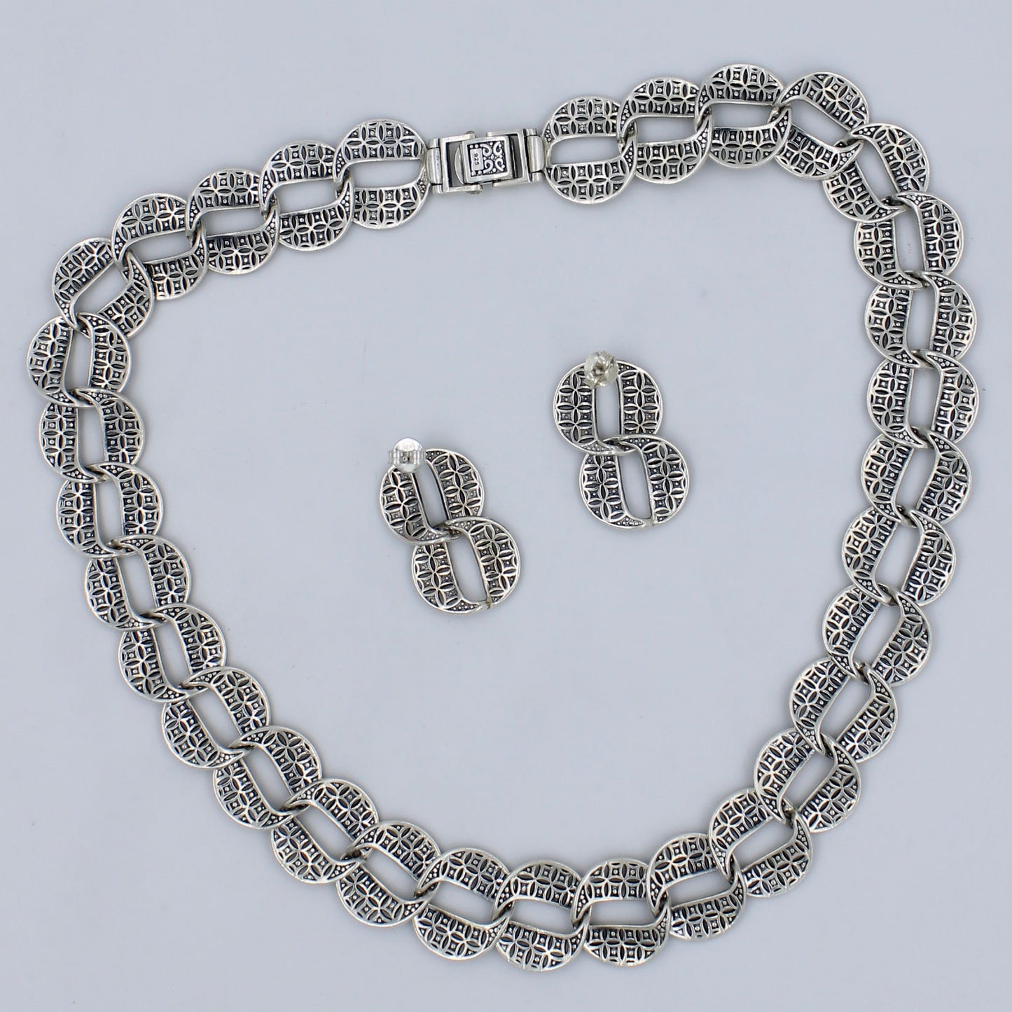 Statement Marcasite Cuban Link Necklace & Earring Set in Sterling Silver