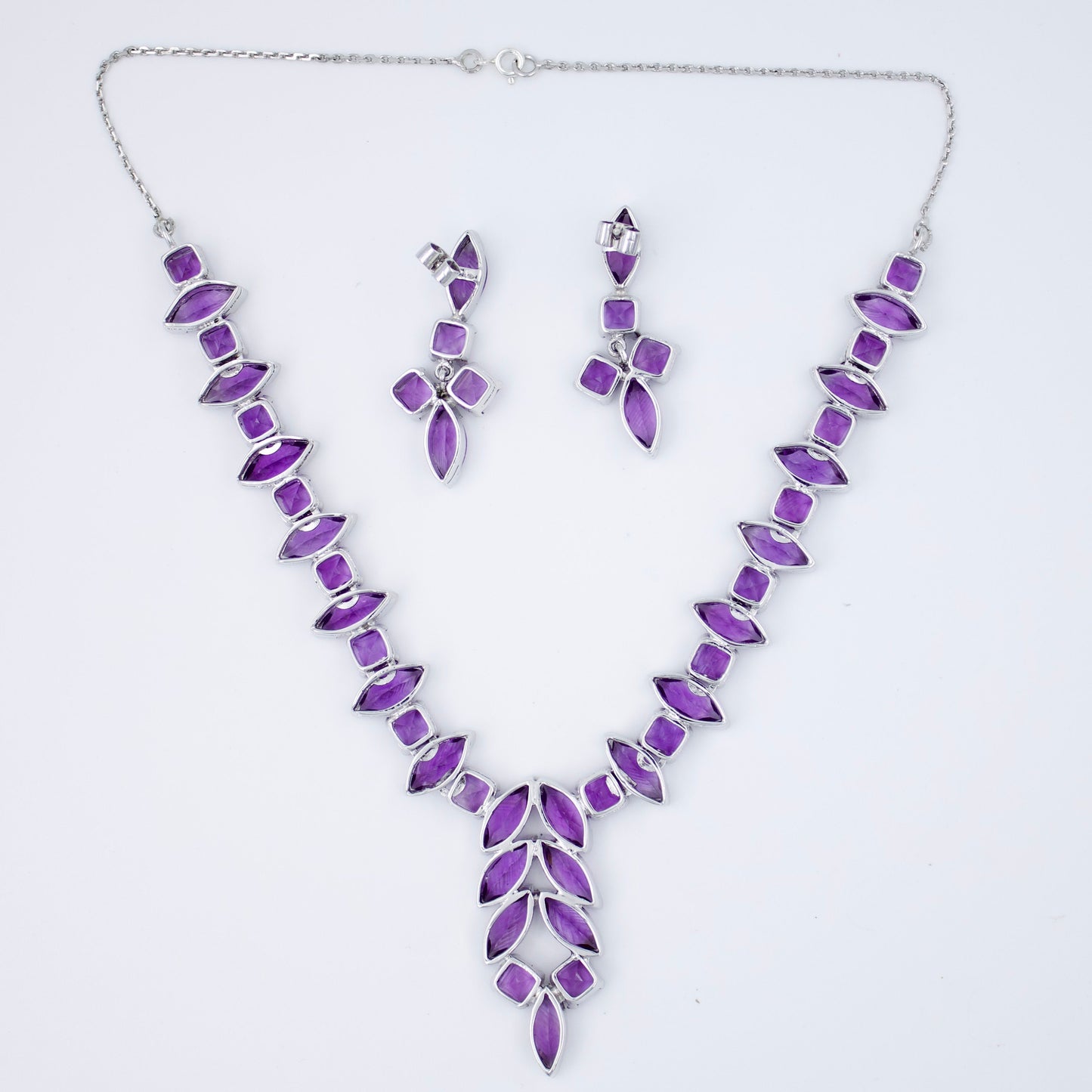 Vintage AAA 45 TCW Amethyst Statement Necklace , Drop Earrings & Ring in Sterling Silver