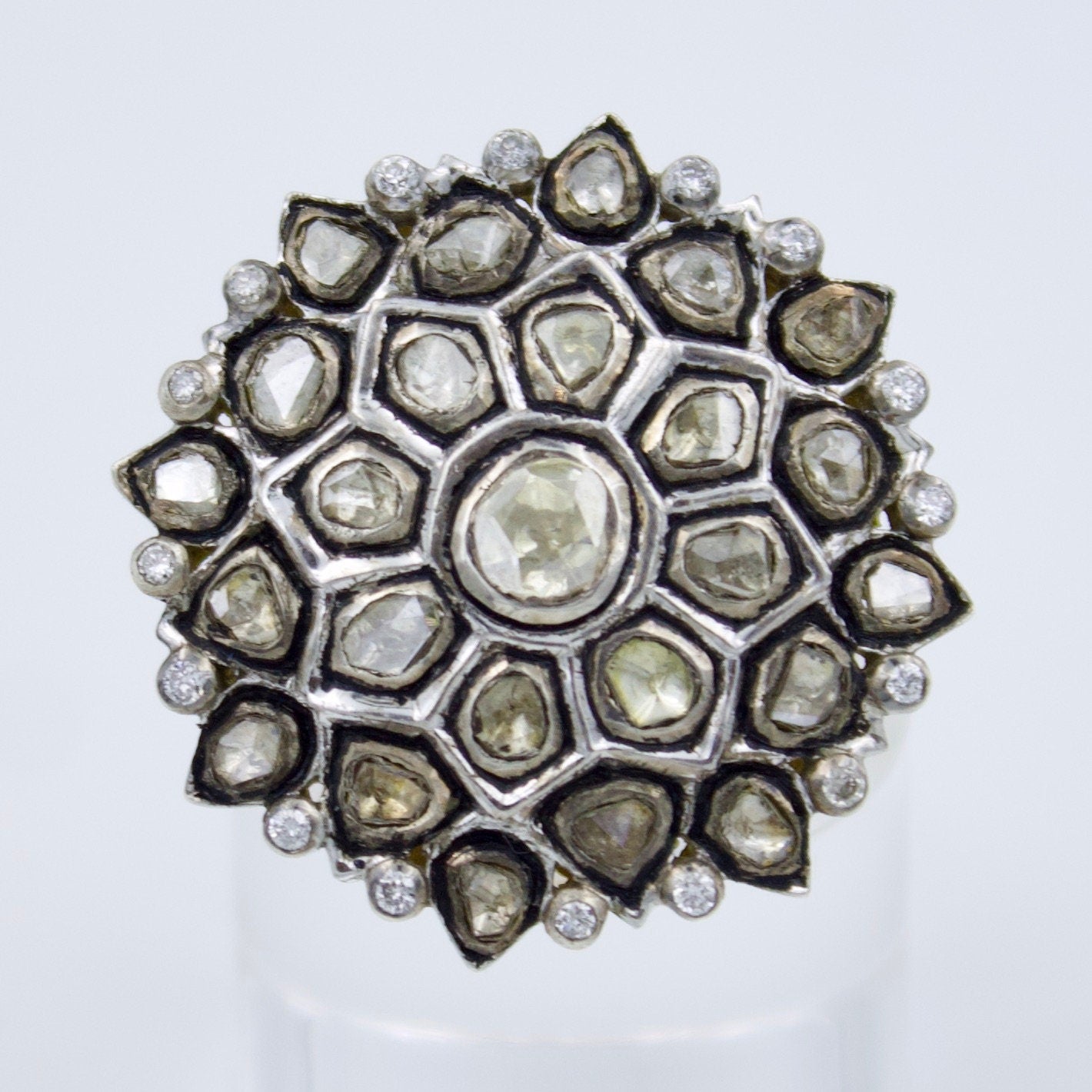 Victorian Polki Uncut Diamond Cocktail Ring with Filigree Work in 14K Yellow Gold and Sterling Silver