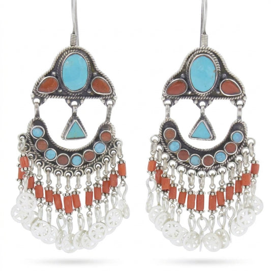 Stunning Vintage Turquoise & Red Coral Chandelier Dangle Earring Sterling Silver