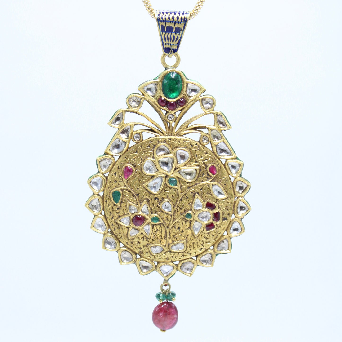 Vintage Indian Kundan Meenakari Work Vilandi Diamond Floral Pendant & Earrings in 22K Yellow Gold