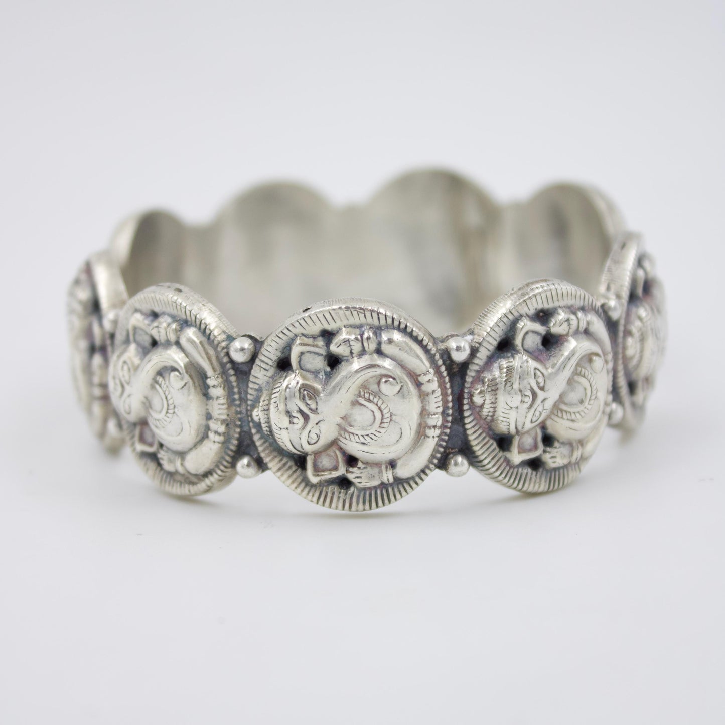 Vintage Handmade Etched Lord Ganesha Statement Cuff Bracelet in Sterling Silver