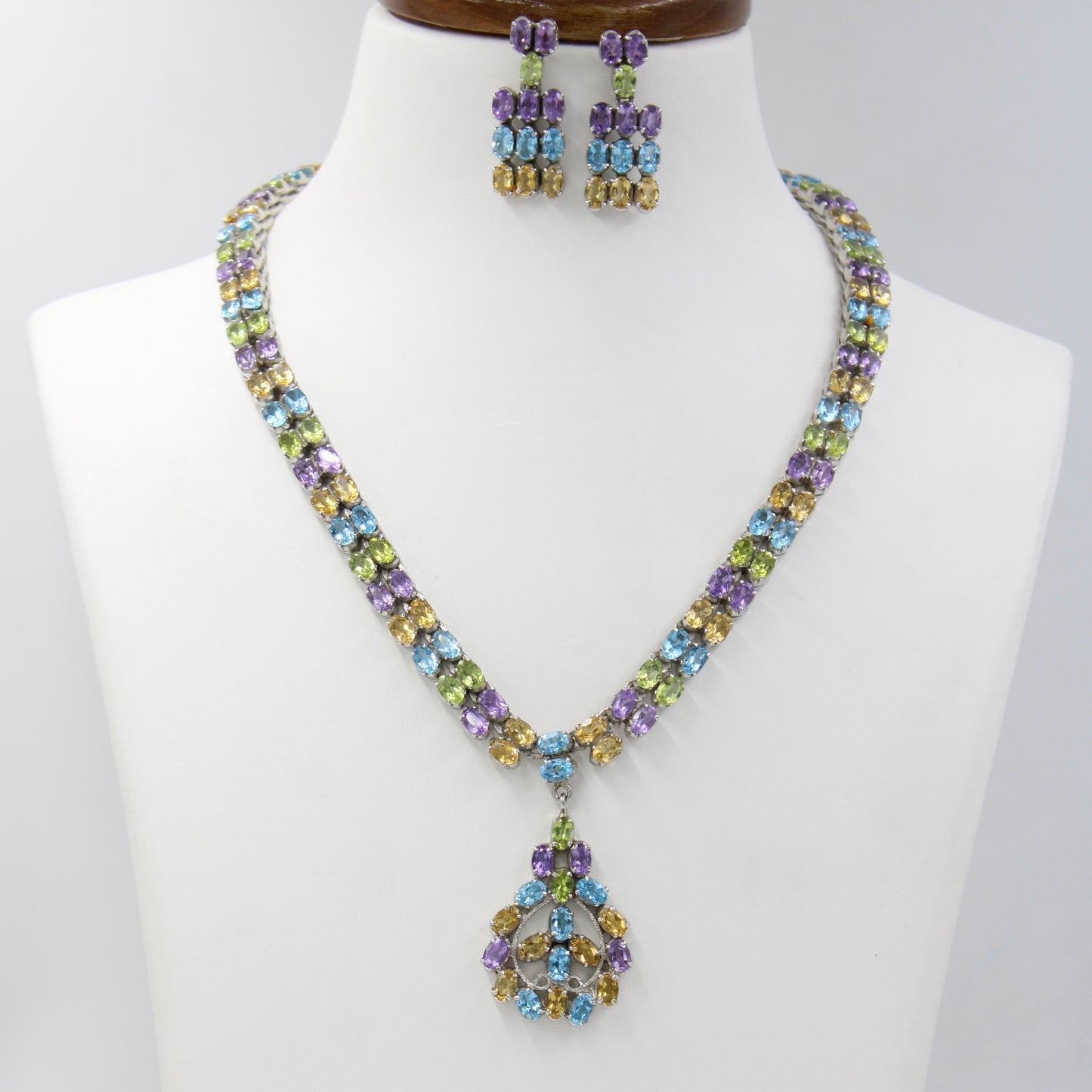 Natural AAA 86.75 Ct Peridot, Citrine, Amethyst, Blue Topaz Sterling Silver Necklace, Earring & Ring Set