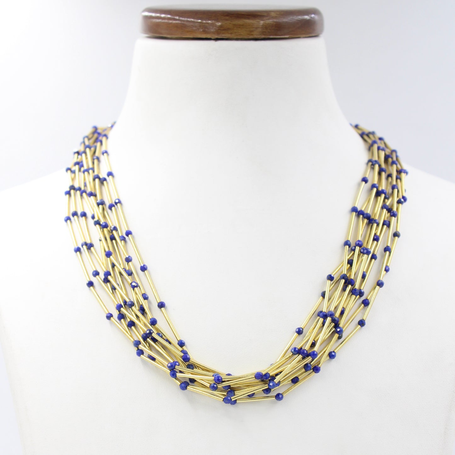 Handmade AAA Lapis Lazuli Beaded 11 Strand Necklace Gold Plated Sterling Silver