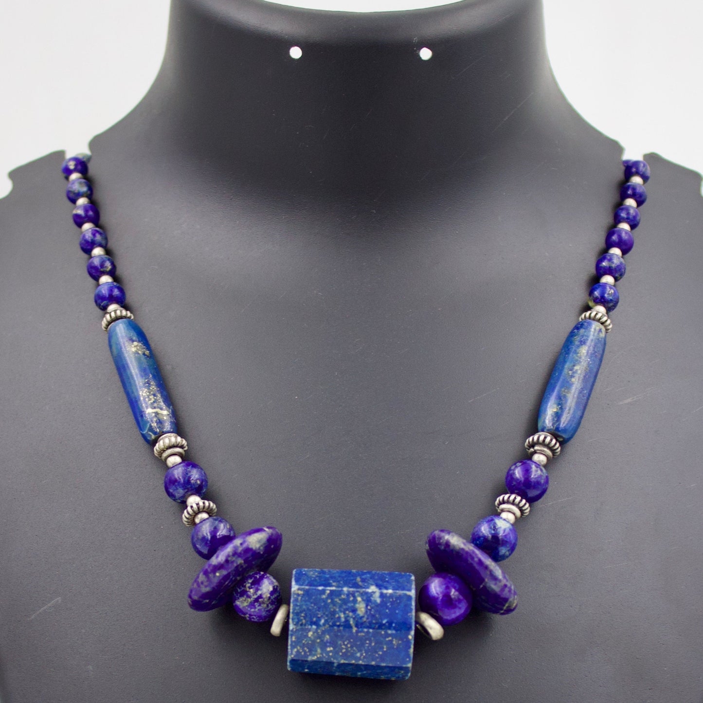 Vintage Lapis Lazuli Beaded Statement Necklace in Sterling Silver