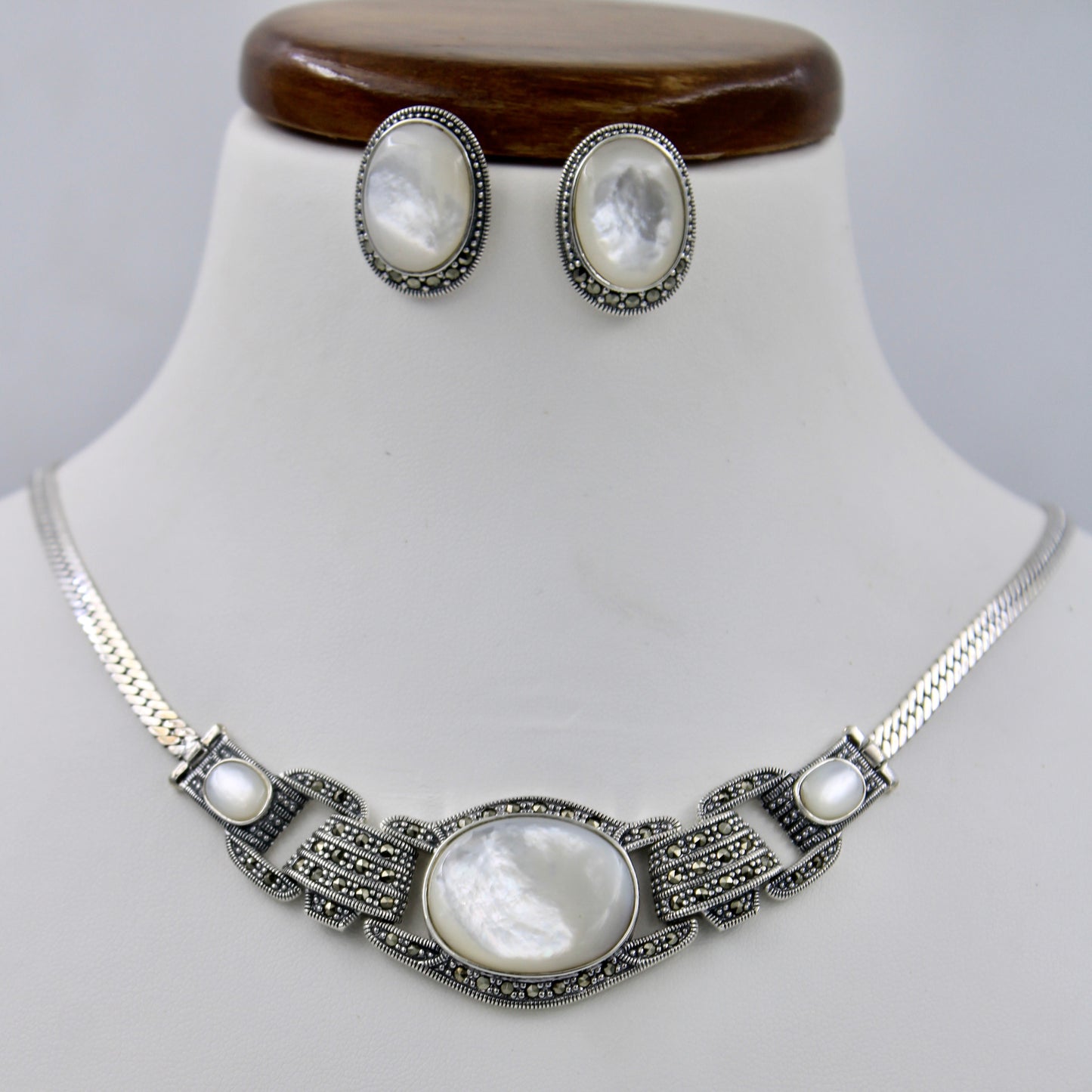 Unique Marcasite and Mother of Pearl Necklace & Stud Earring in Sterling Silver