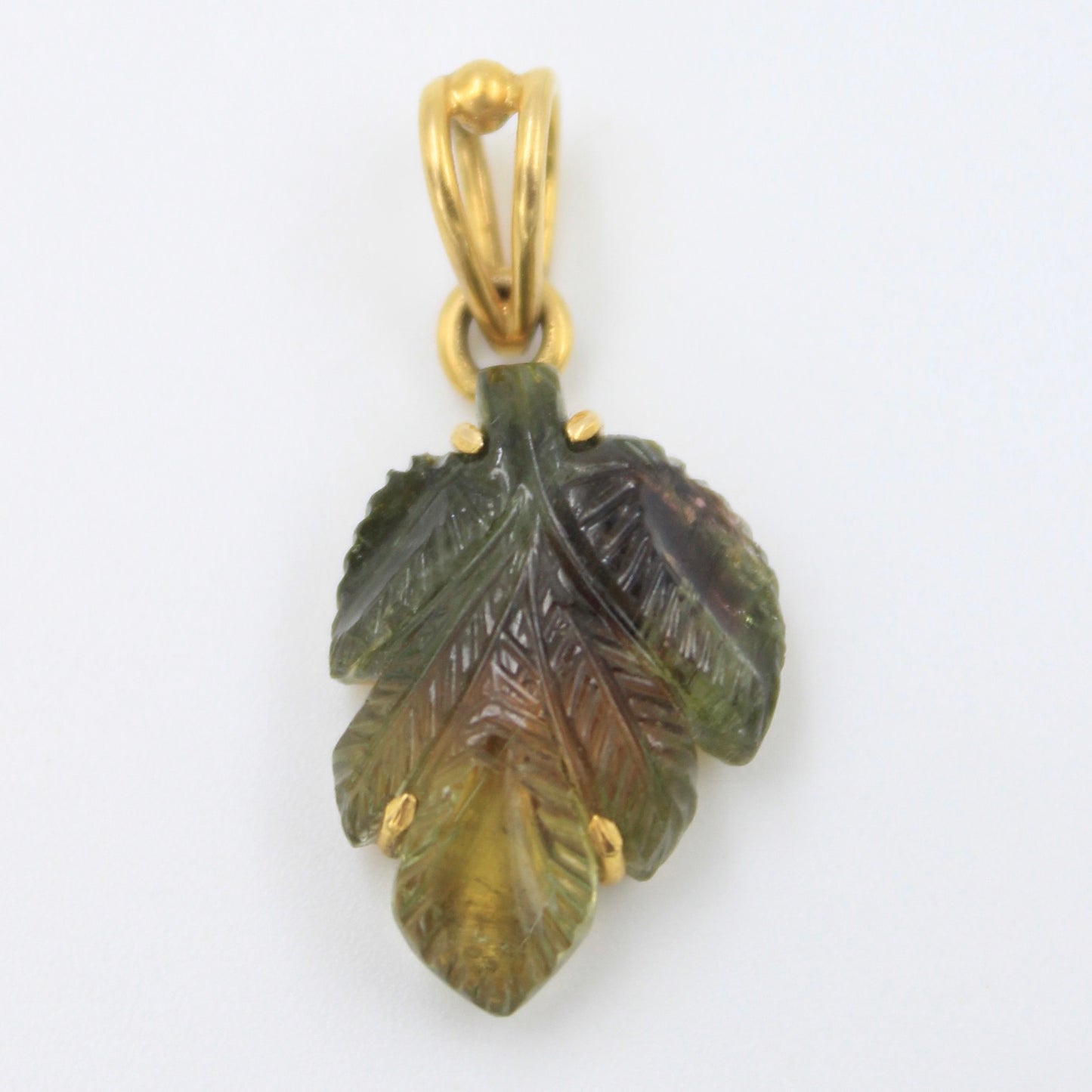 Minimalist Handmade 6.75 Ct Green Tourmaline Carved Leaf Pendant in 18K Yellow Gold