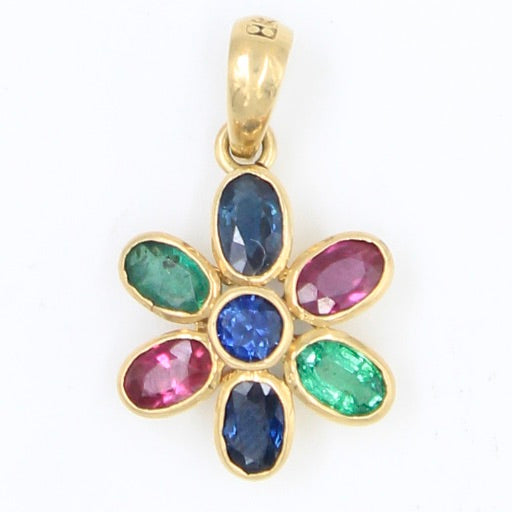 Elegant 5.5 TCW Multi Gem Floral Rainbow Pendant in 18K Yellow Gold