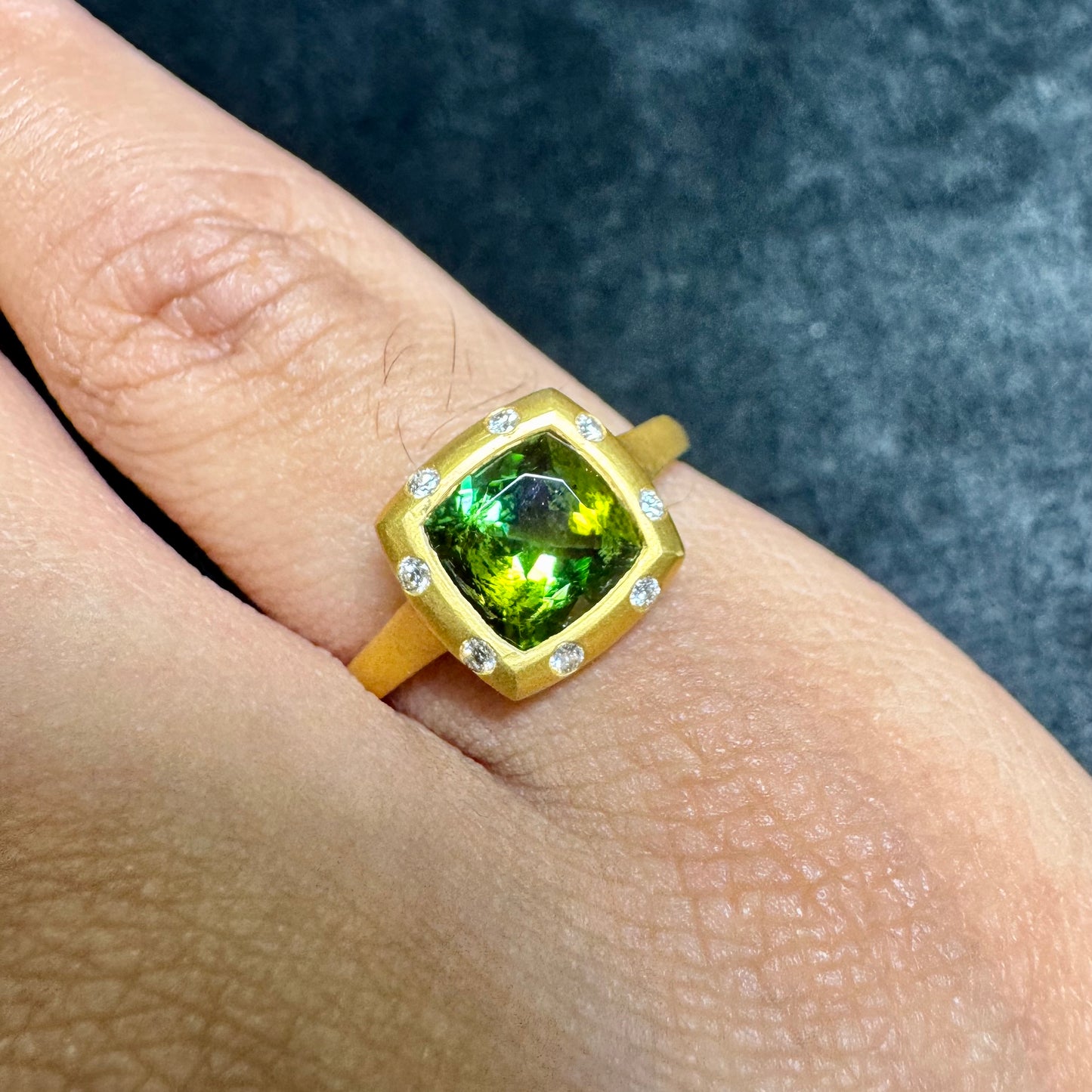Natural 1.54 Ct Green Chrome Tourmaline & Diamond Ring 18K Brushed Gold