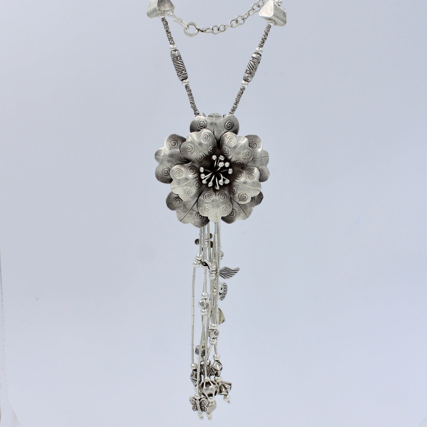 Handmade Boho Blossoming Flower Charm Necklace in Sterling Silver