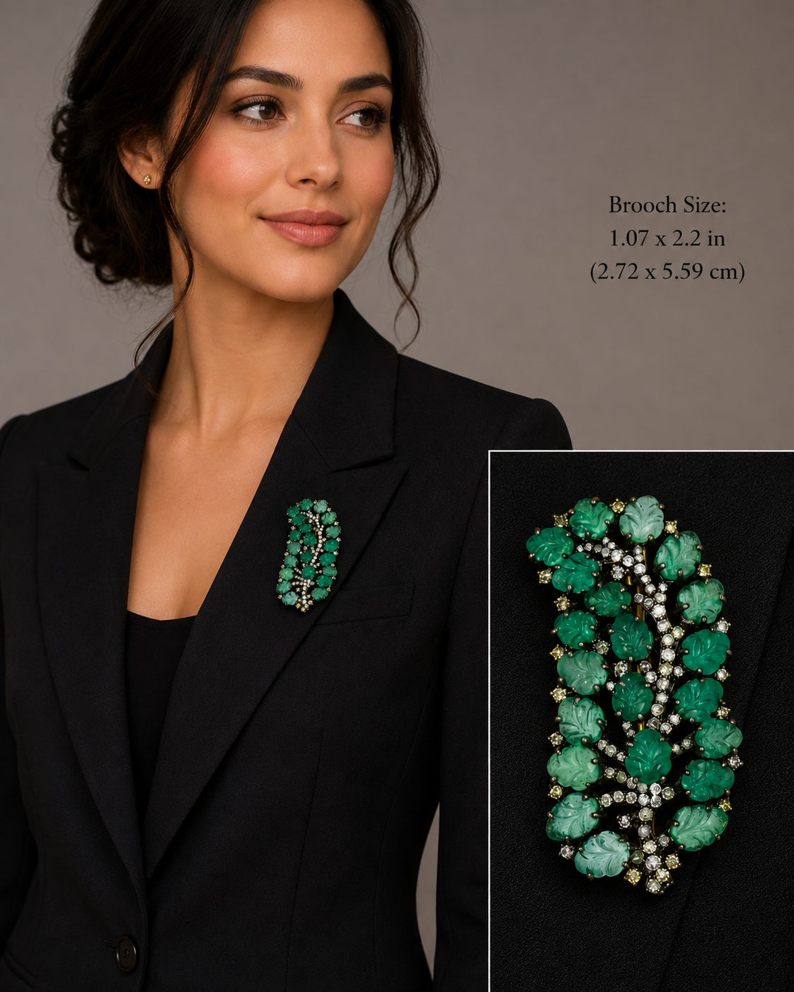 Carved Emerald & Diamond Leaf Brooch in 14K Gold & Sterling Silver