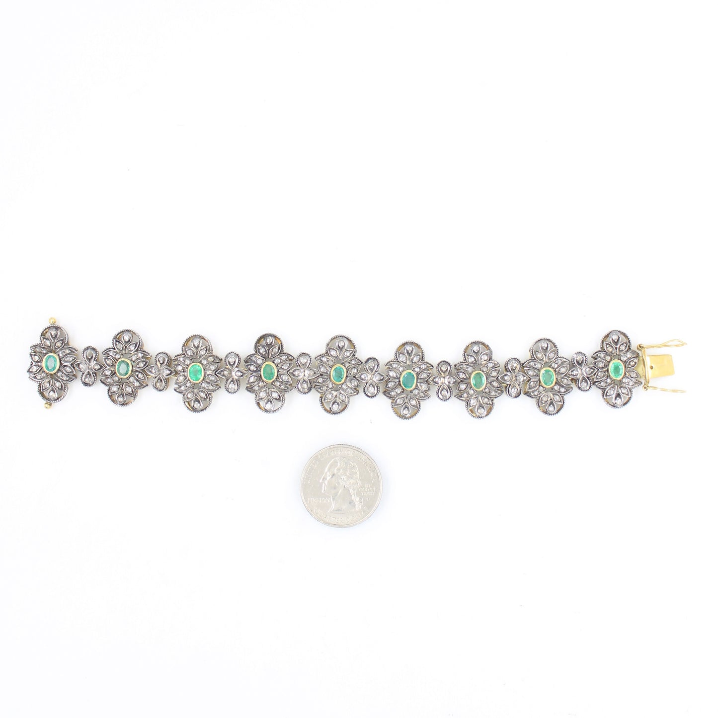 Victorian 6.5 TCW Emerald & Diamond Bracelet in 14K Gold and Sterling Silver