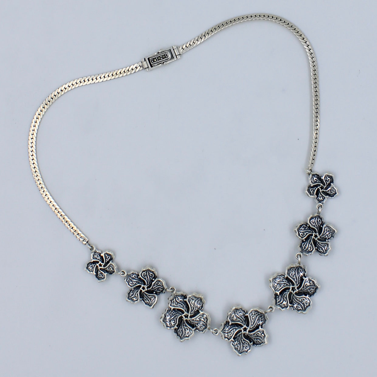 Unique Marcasite & Mother of Pearl Floral Necklace & Earring in Sterling Silver