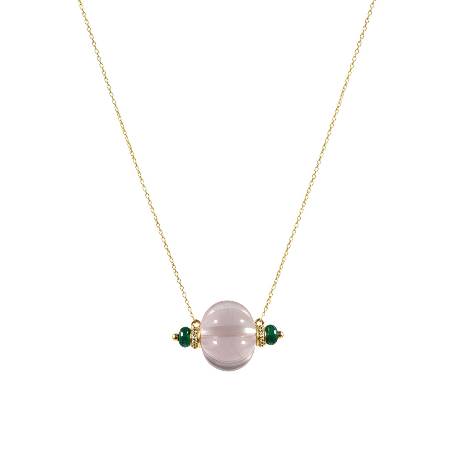 29 Ct AAA Natural Rose Quartz, Emerald & Diamond Melon 18K Gold Pendant Necklace