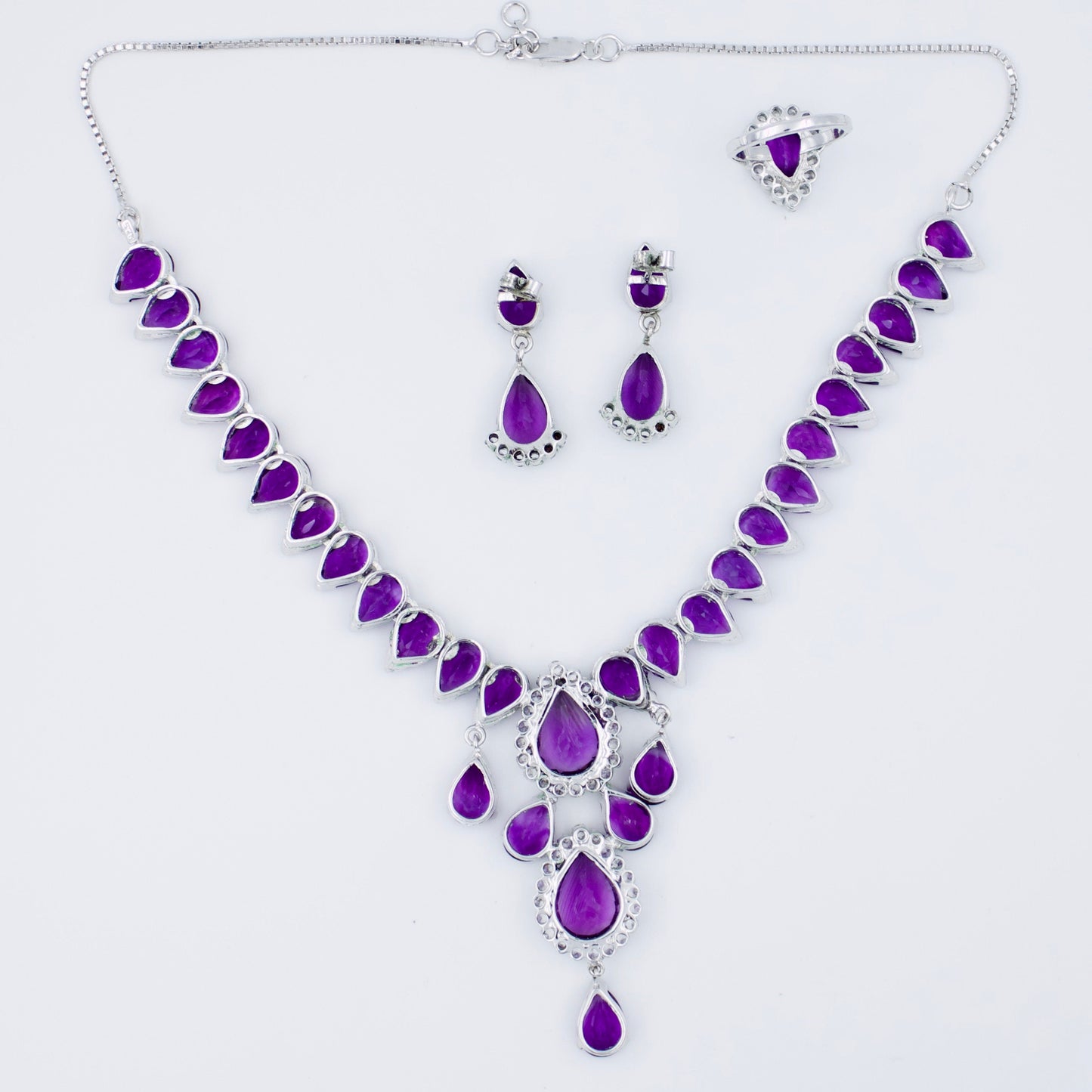Vintage AAA Royal Purple 80 Ct Amethyst & CZ Statement Necklace, Drop Earrings, and Ring in Sterling Silver, February