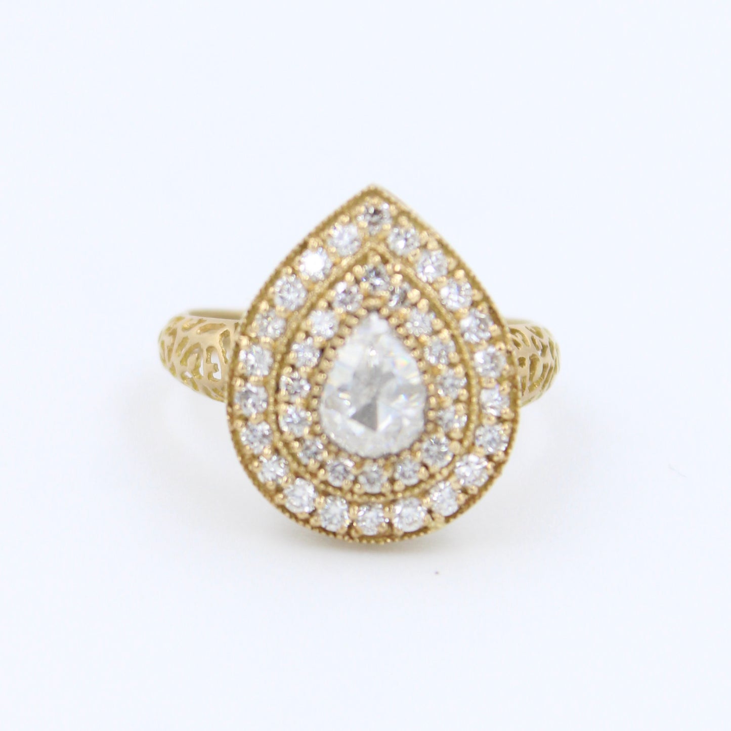 Natural 0.93 Ct Rose Cut & Round Diamond Filigree Work Cocktail Ring in 18K Brushed YellowGold