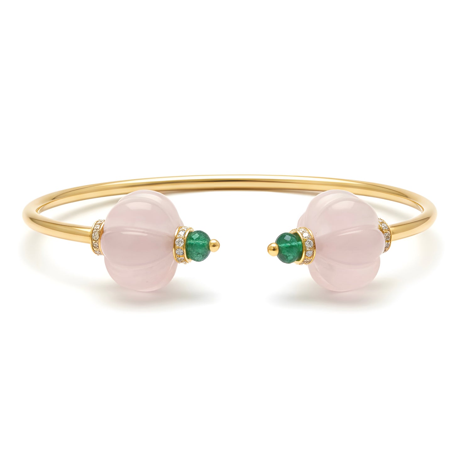 Minimal 35.3 Ct Natural Rose Quartz, Emerald & Diamond Bracelet in 18K Gold