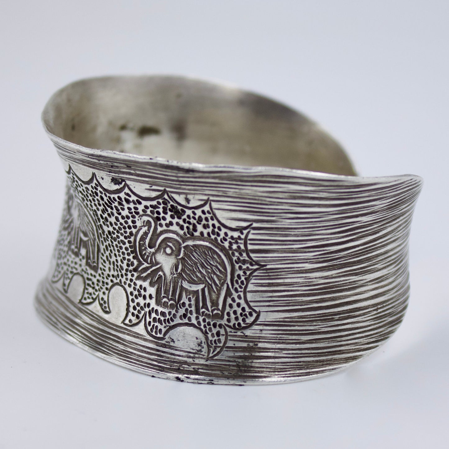 Vintage Indonesian Hand Etched Elephant Statement Cuff Bracelet in Sterling Silver