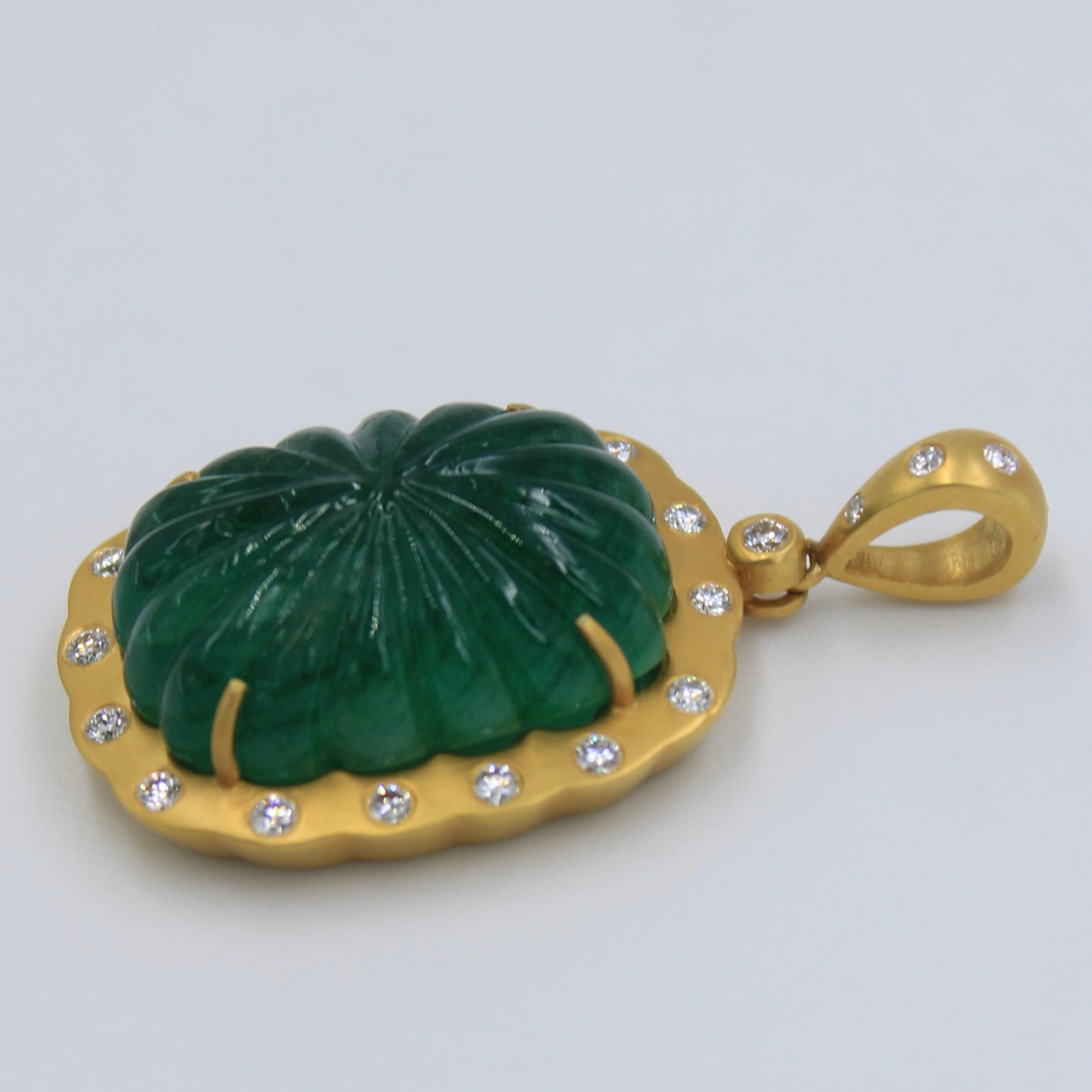 Natural 30.19 Ct Carved Emerald and Diamond Pendant & Earring Set 18K Gold