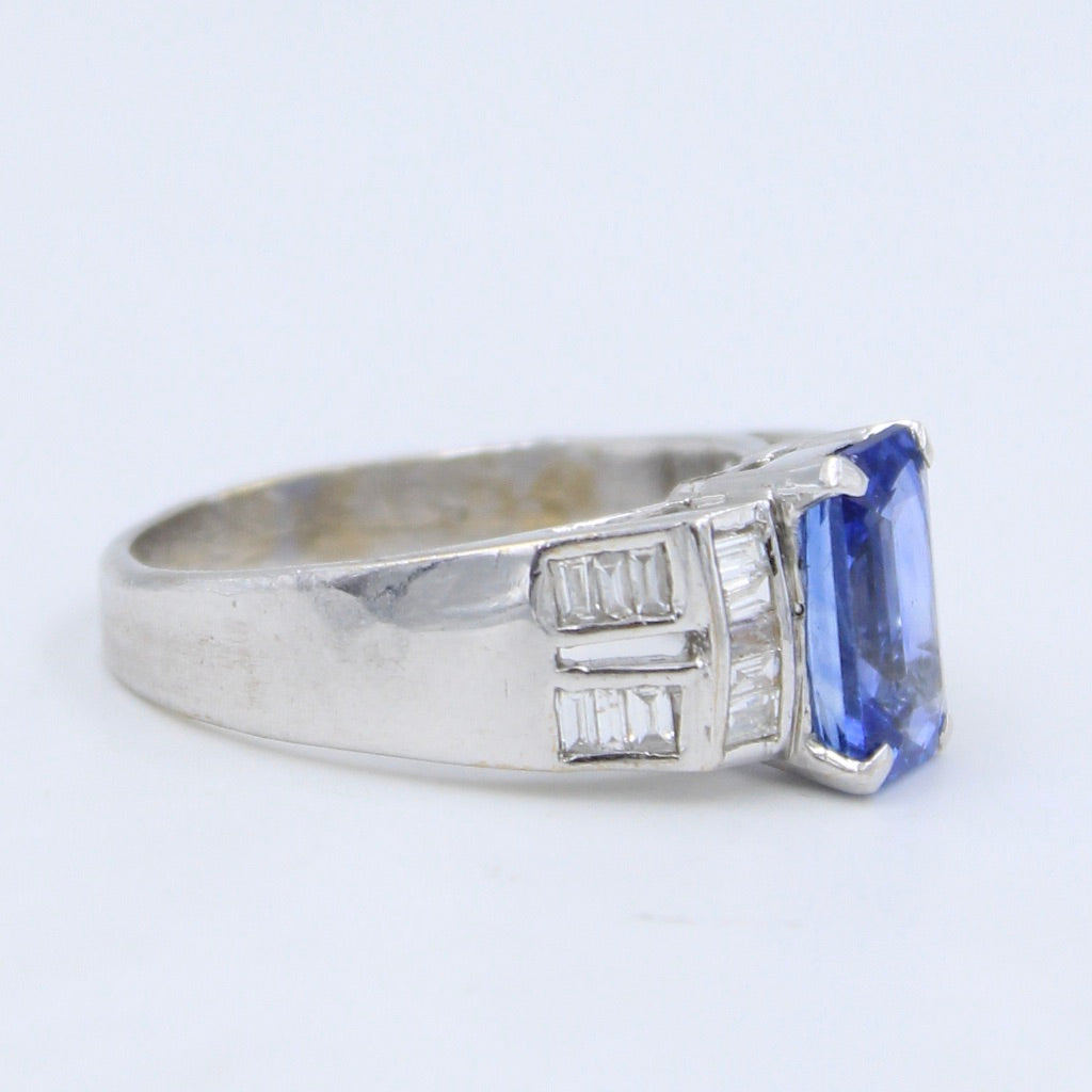 Natural AAA 3.27 Ct Cornflower Blue Sapphire & Baguette Diamond Ring in 18K White Gold