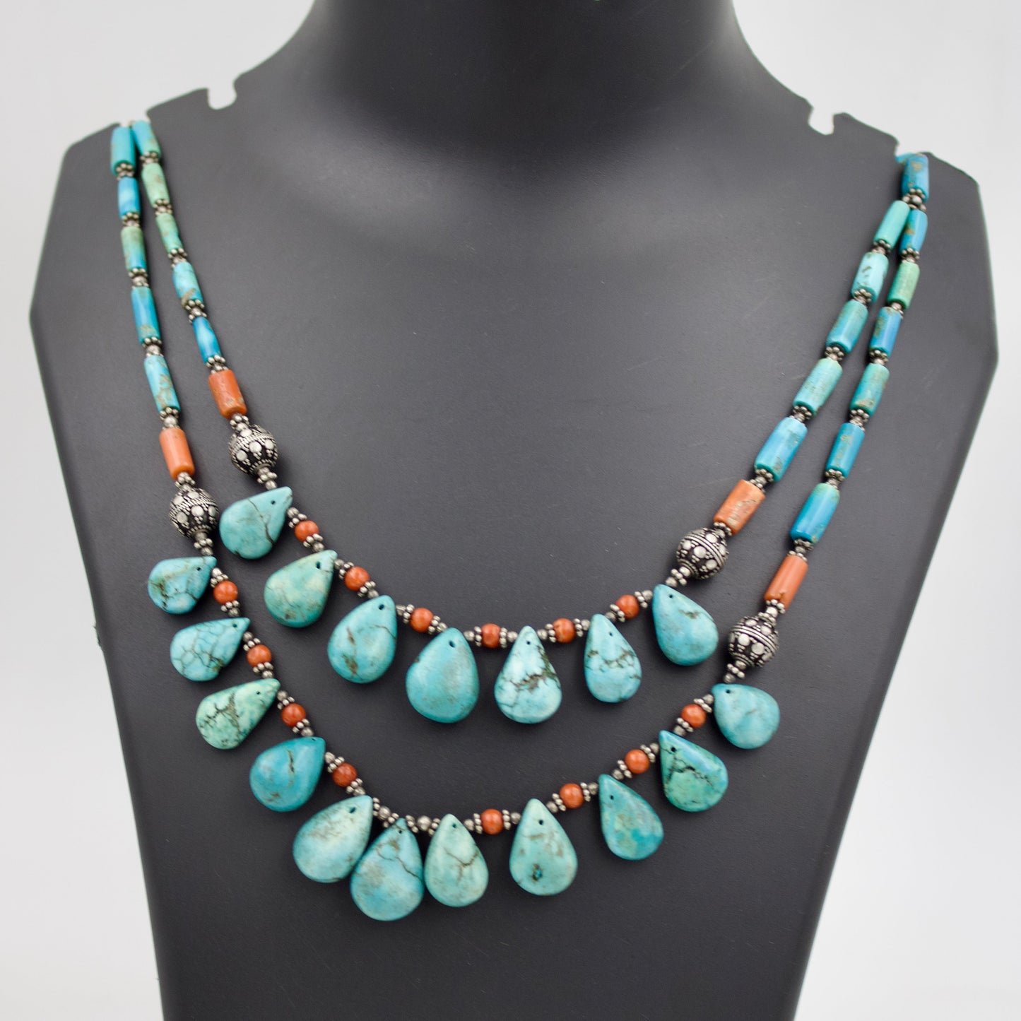 Tibetan Natural Turquoise & Coral 2 Strand Necklace
