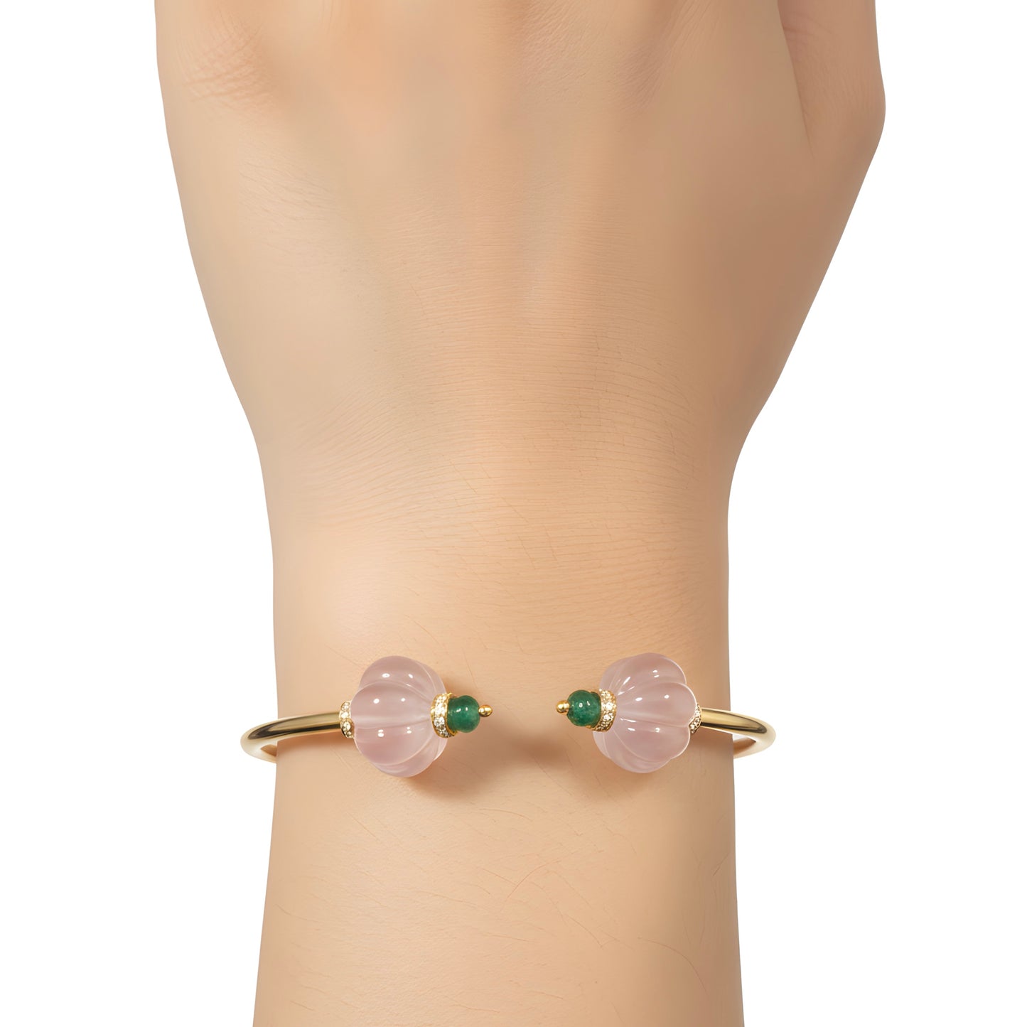 Minimal 35.3 Ct Natural Rose Quartz, Emerald & Diamond Bracelet in 18K Gold