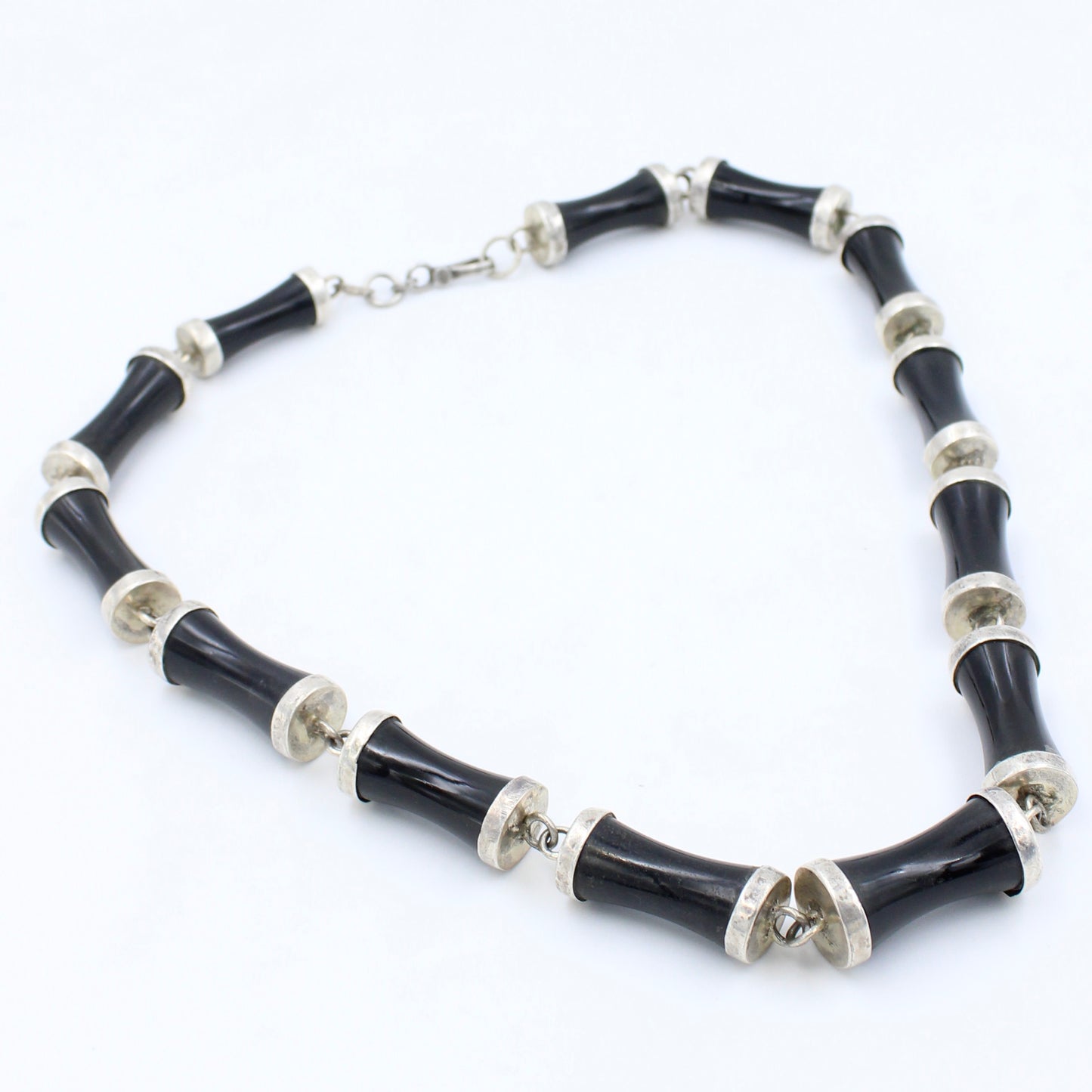 Vintage Natural Black Onyx Bamboo Bead Necklace in Sterling Silver