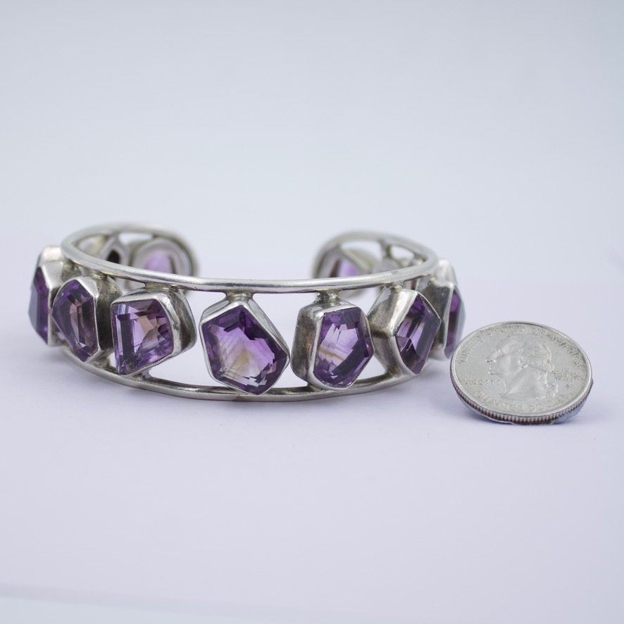 Vintage Amethyst Statement Cuff Bracelet in Sterling Silver
