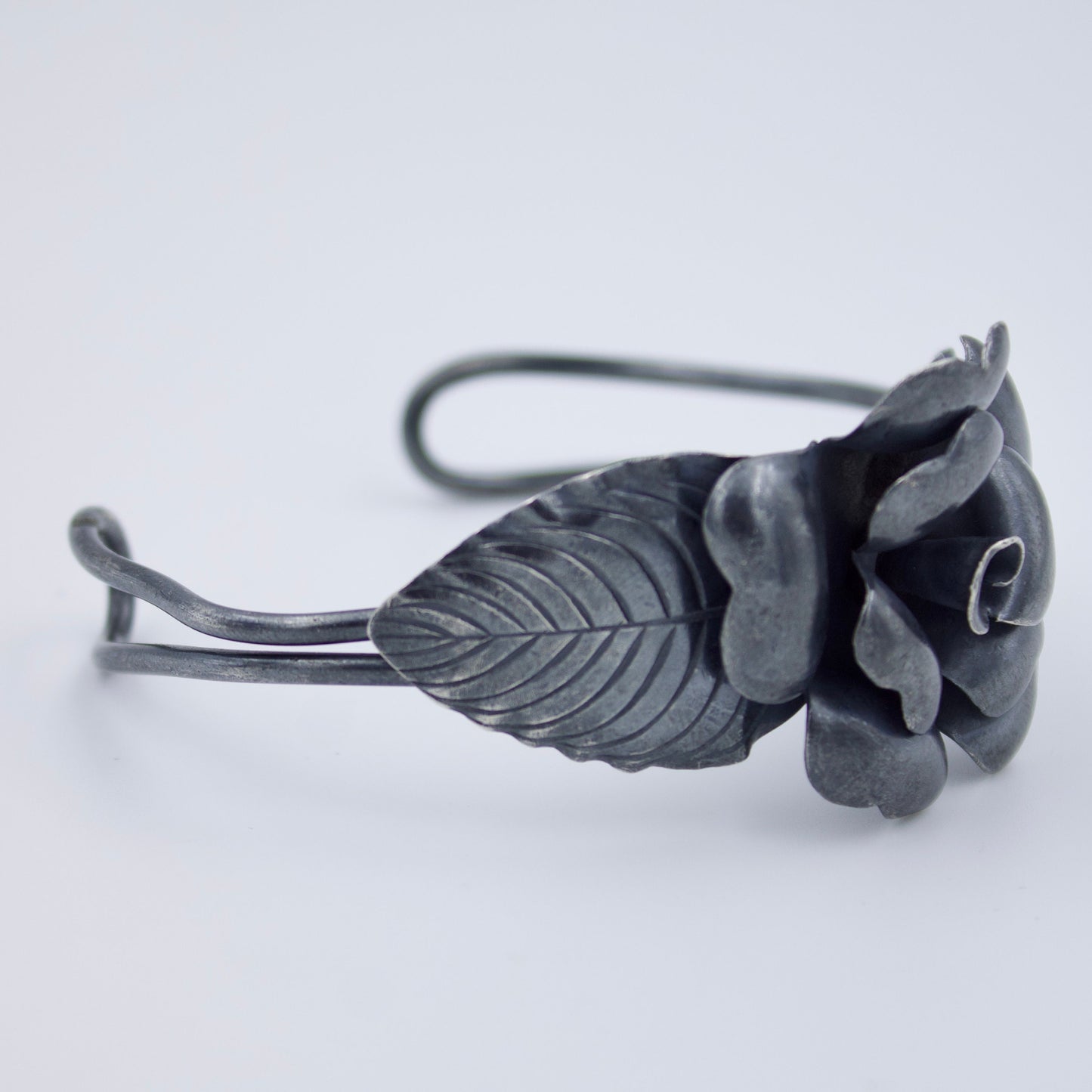 Vintage Statement Floral Handmade Cuff Bracelet in Oxidised Sterling Silver