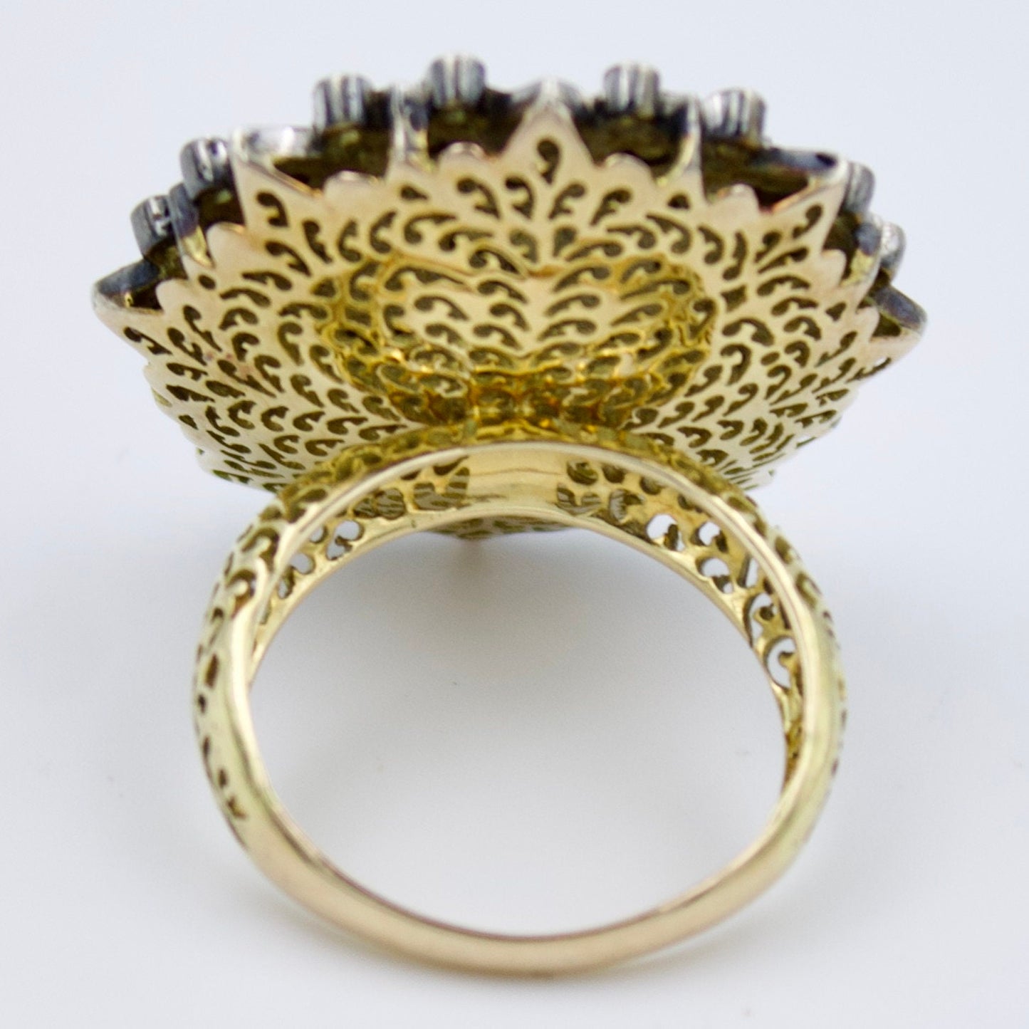 Victorian Polki Uncut Diamond Cocktail Ring with Filigree Work in 14K Yellow Gold and Sterling Silver