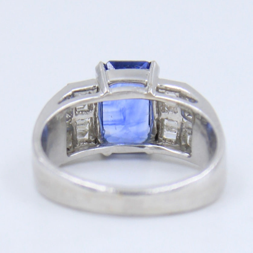 Natural AAA 3.27 Ct Cornflower Blue Sapphire & Baguette Diamond Ring in 18K White Gold
