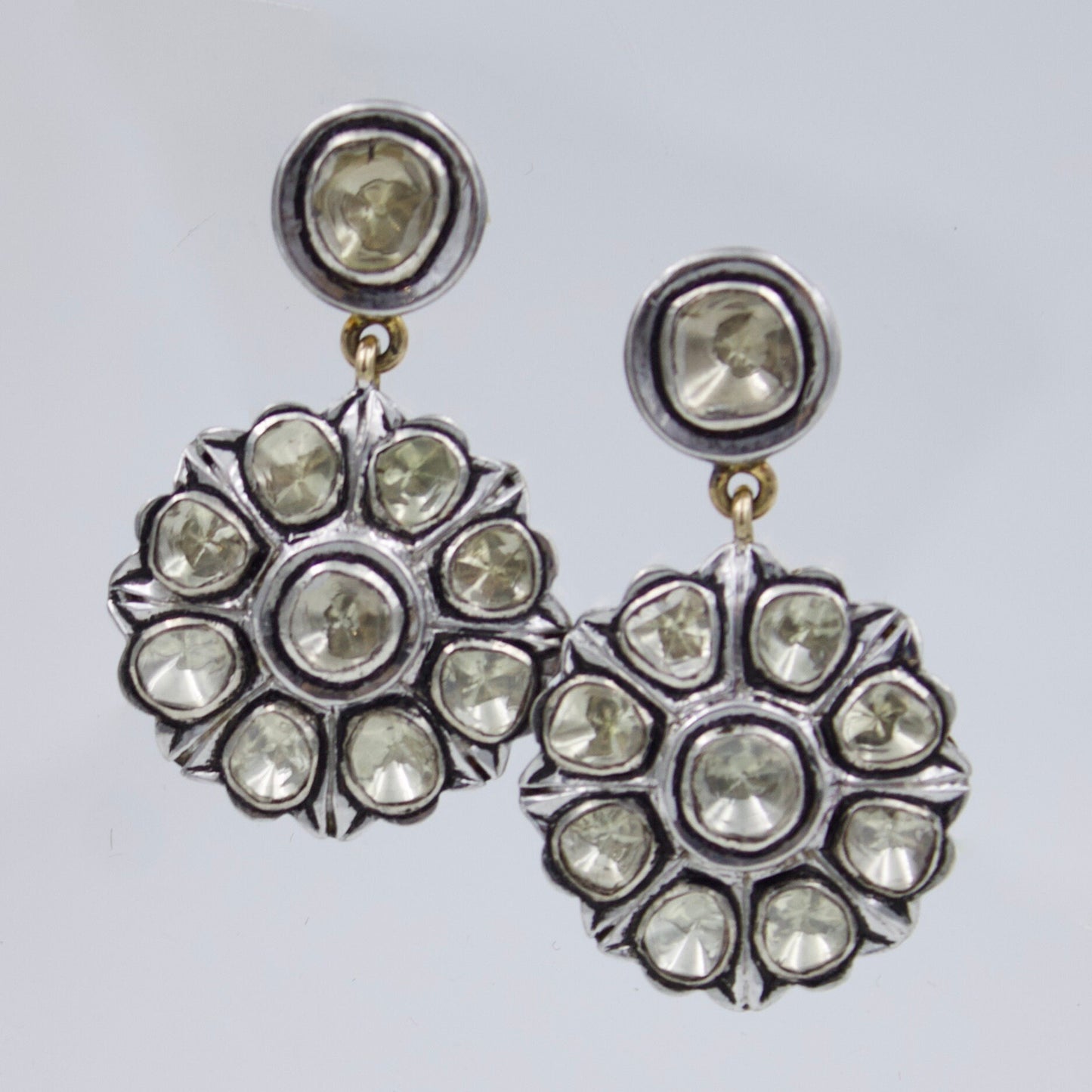Vintage Victorian Natural Polki Diamond Statement Drop Earrings with Filigree Work in 14K Gold and Sterling Silver Alloy