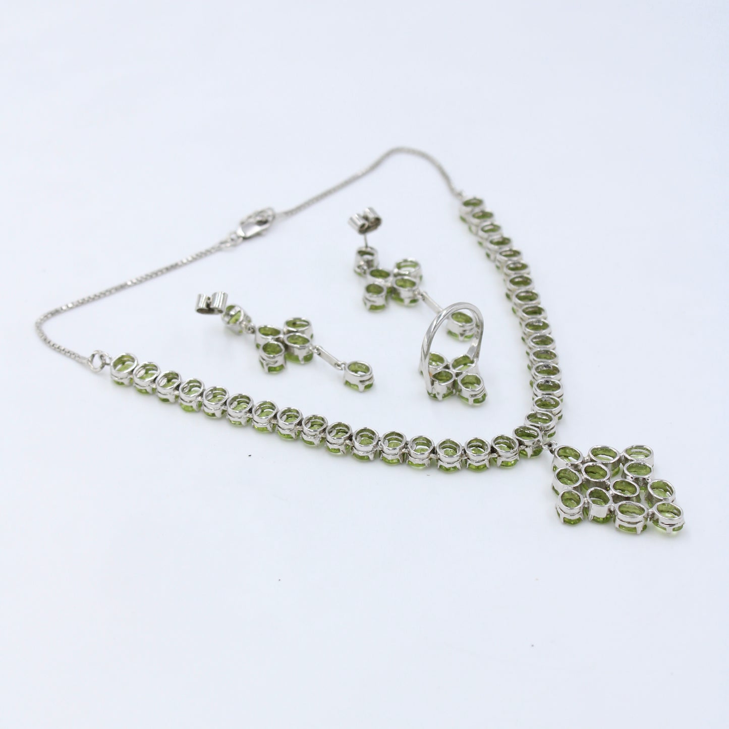 AAA 67.14 Natural Peridot Pendant Necklace, Earrings & Ring Set Sterling Silver