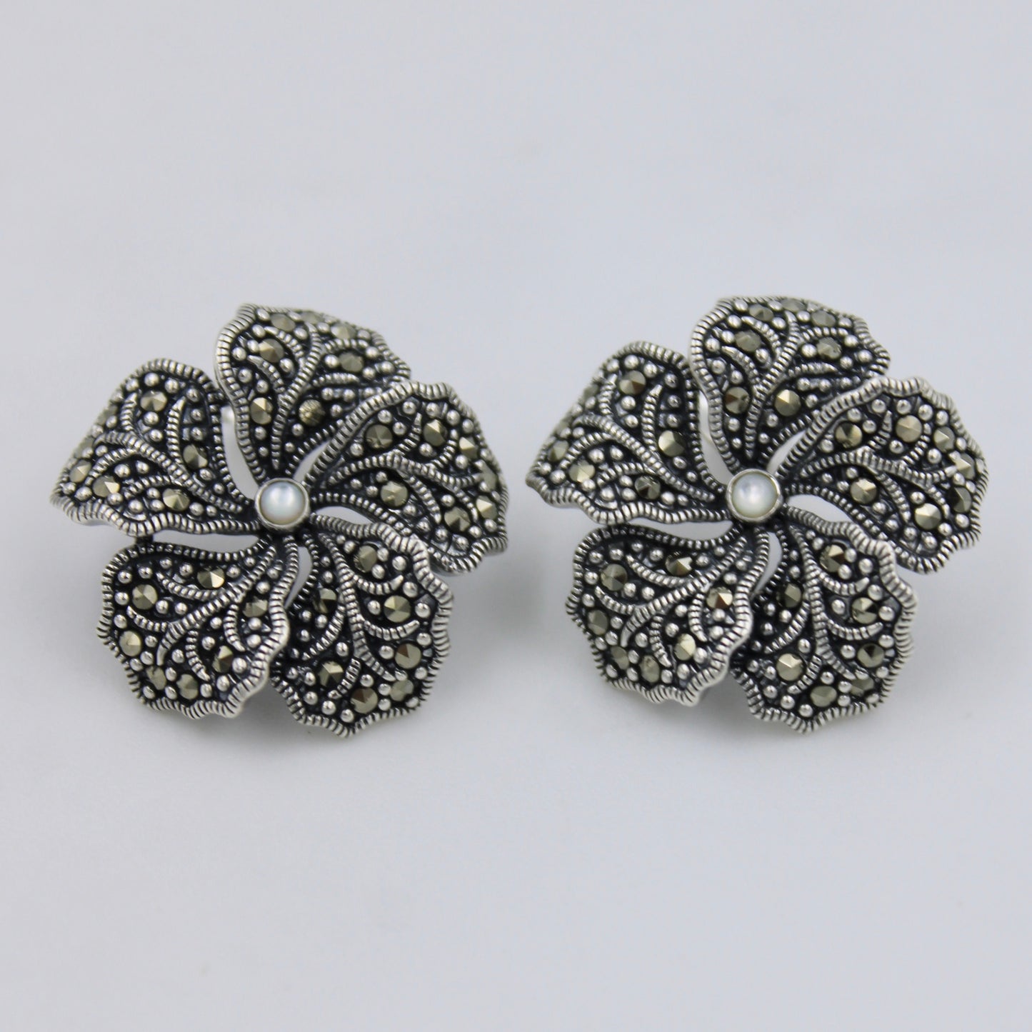 Unique Marcasite & Mother of Pearl Floral Necklace & Earring in Sterling Silver