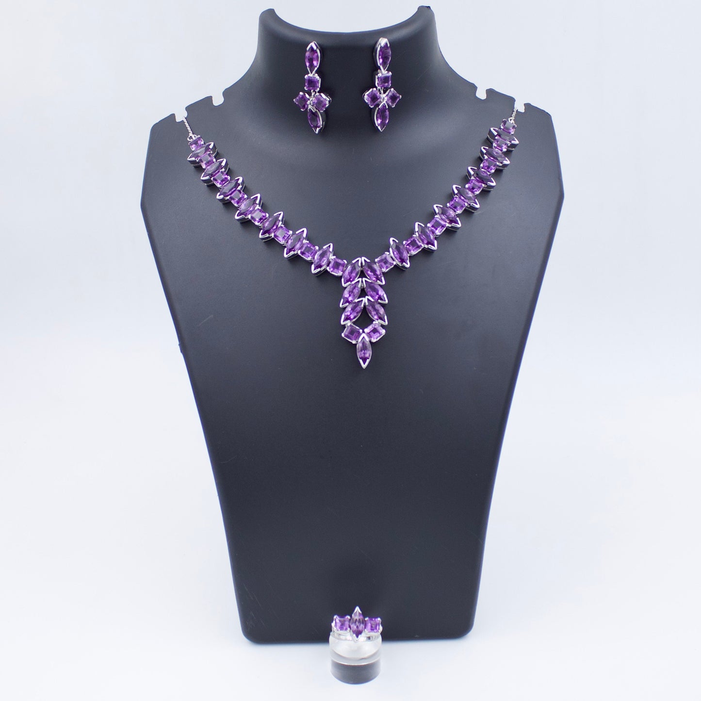 Vintage AAA 45 TCW Amethyst Statement Necklace , Drop Earrings & Ring in Sterling Silver