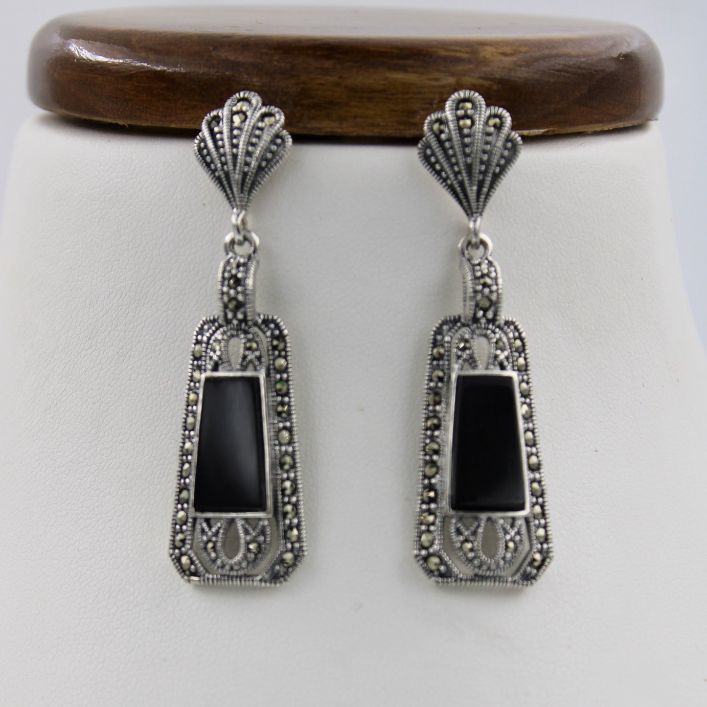 Unique Marcasite & Black Onyx Statement Necklace & Earrings in Sterling Silver