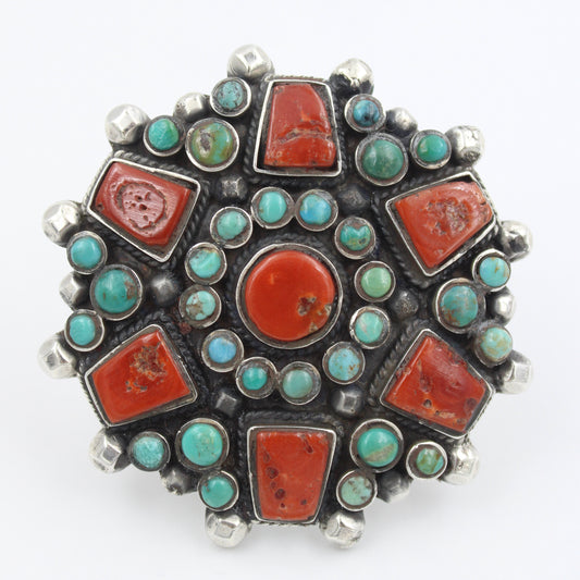 Vintage Southwestern Natural Turquoise & Coral Cocktail Ring in Sterling Silver