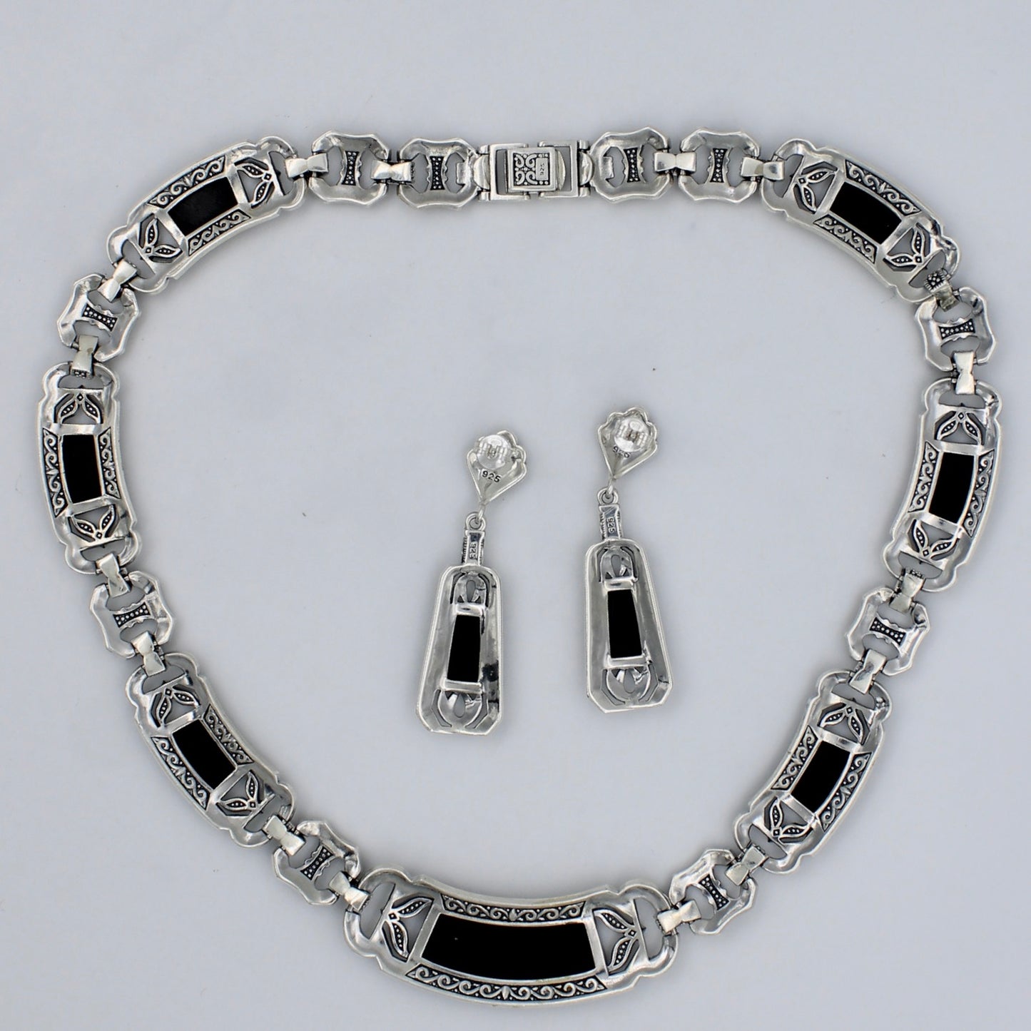Unique Marcasite & Black Onyx Statement Necklace & Earrings in Sterling Silver