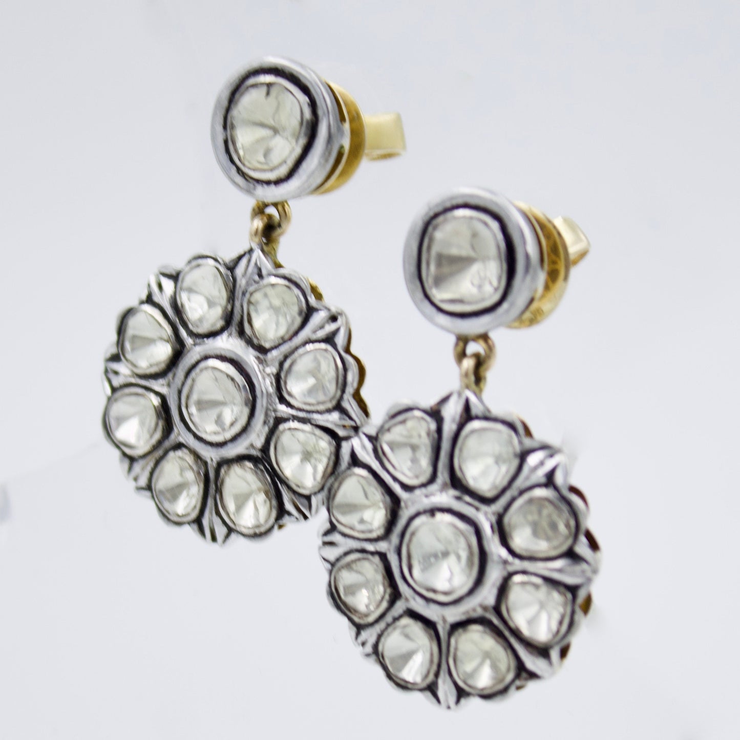 Vintage Victorian Natural Polki Diamond Statement Drop Earrings with Filigree Work in 14K Gold and Sterling Silver Alloy
