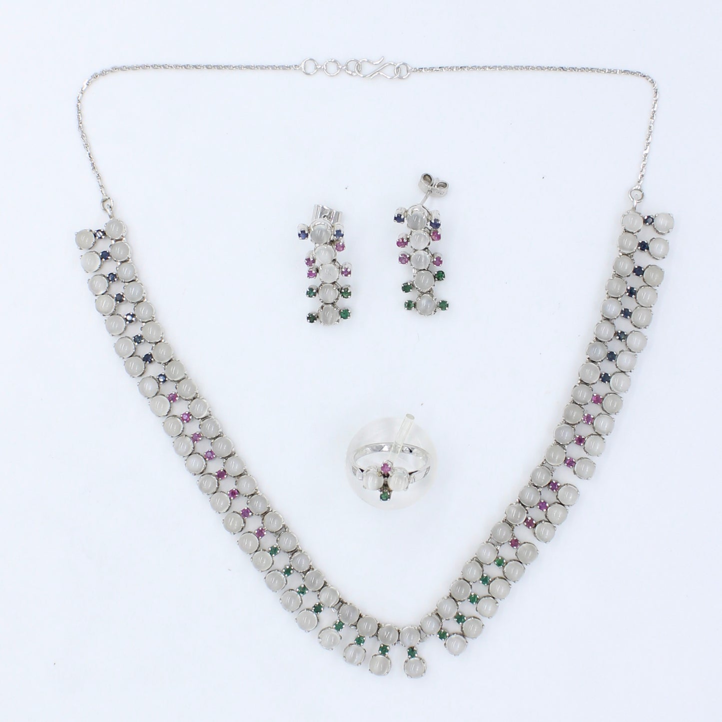 43.4 Ct AAA Natural Moonstone, Emerald, Pink & Blue Sapphire Silver Necklace, Earring & Ring Set