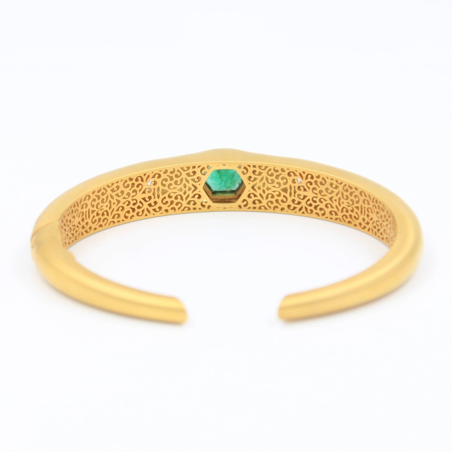 Natural 2.2 CT Emerald & Diamond Filigree Work Cuff Bracelet in 18K Brushed Gold