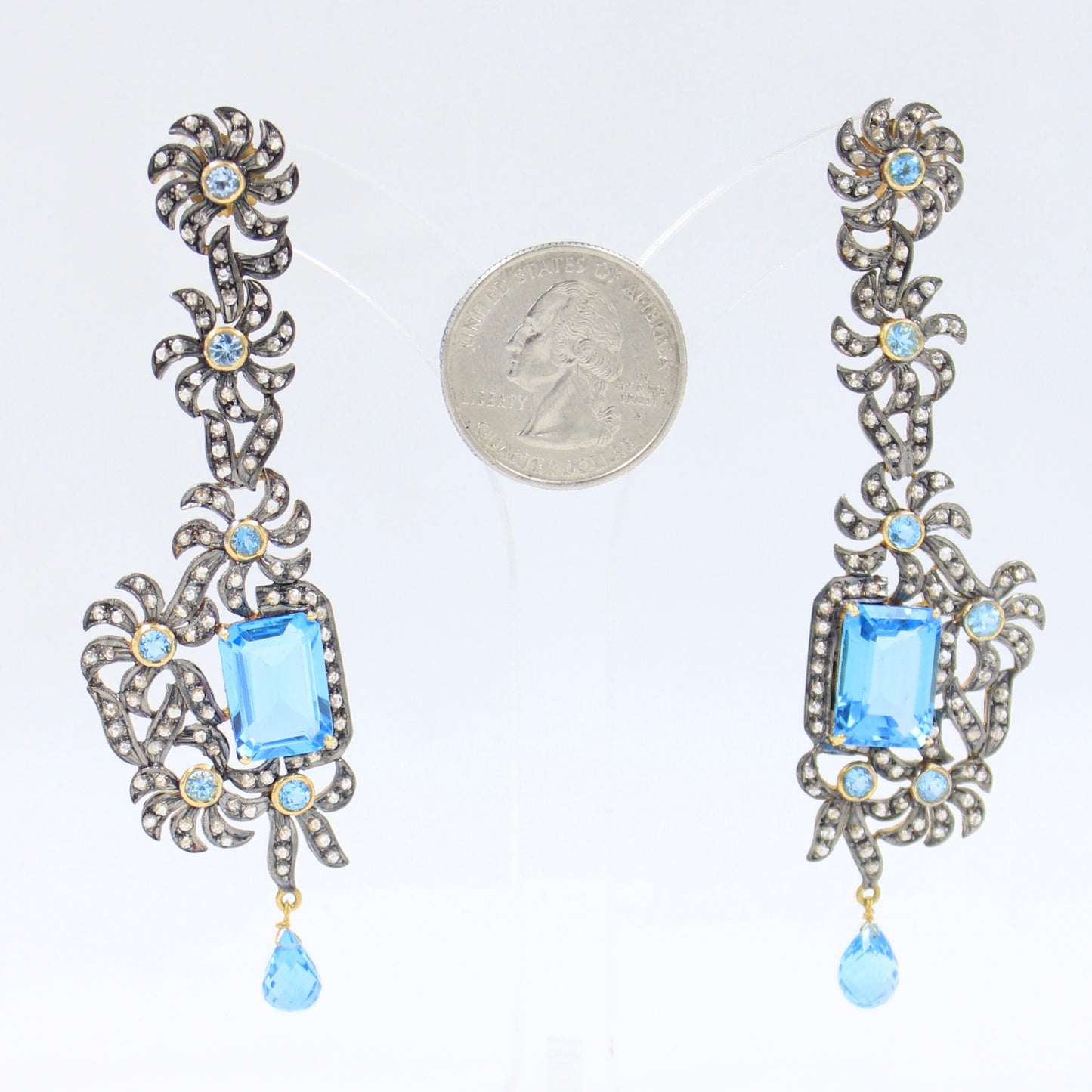 Victorian 27.52 TCW Blue Topaz and Diamond Drop Earrings in 14K Gold and Sterling Silver